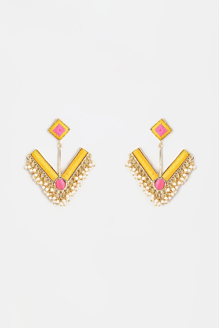 Gold Finish Embroidered Rectangle V-Shaped Earrings by Bauble Bazaar at Pernia's Pop Up Shop