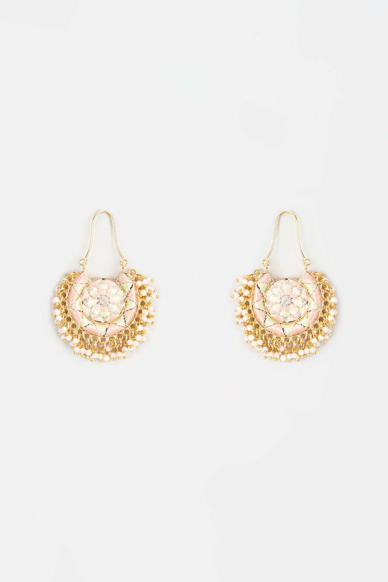 Gold Finish Embroidered Circular Moon Chand Earrings by Bauble Bazaar at Pernia's Pop Up Shop