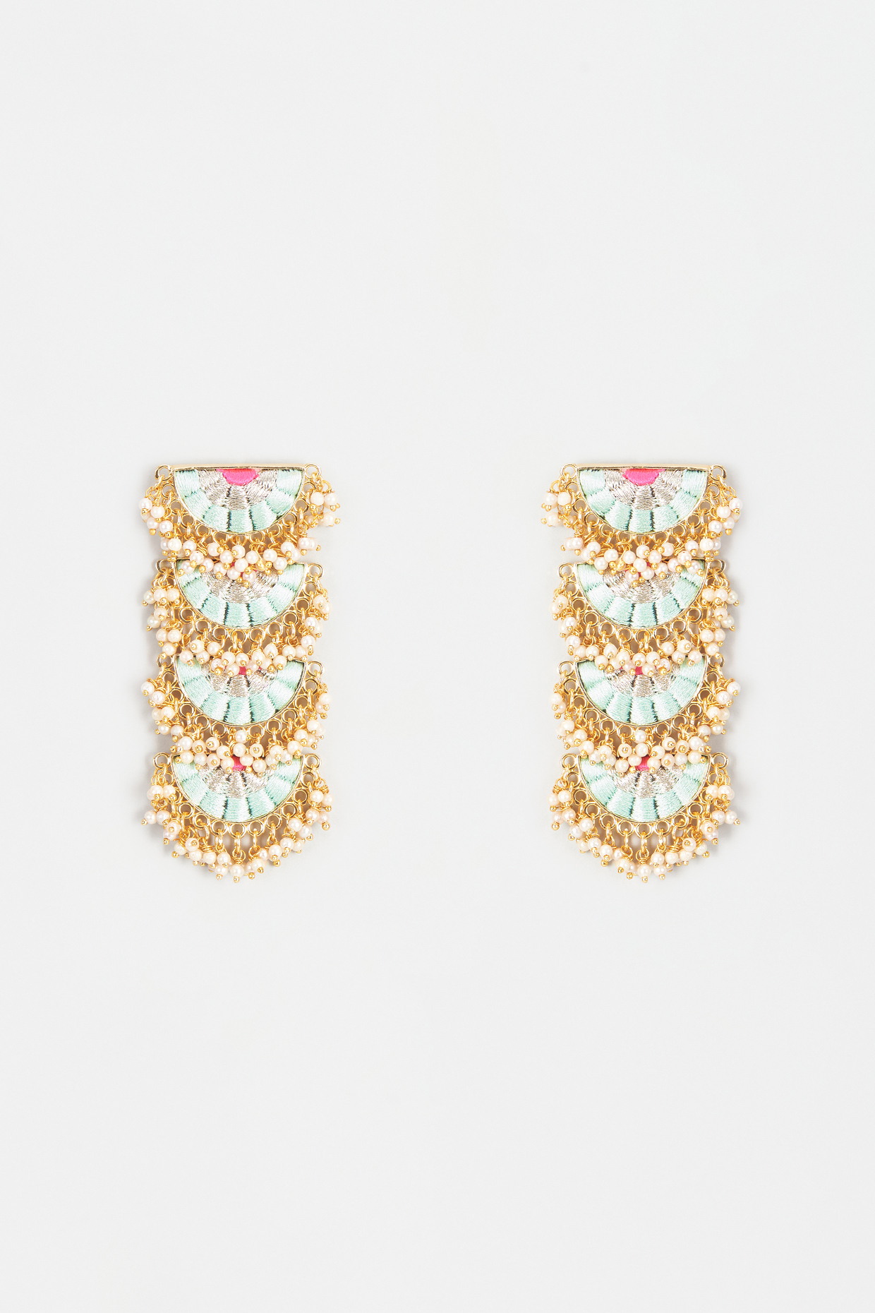 Gold Finish Embroidered Layered Semi-Circle Earrings by Bauble Bazaar at Pernia's Pop Up Shop