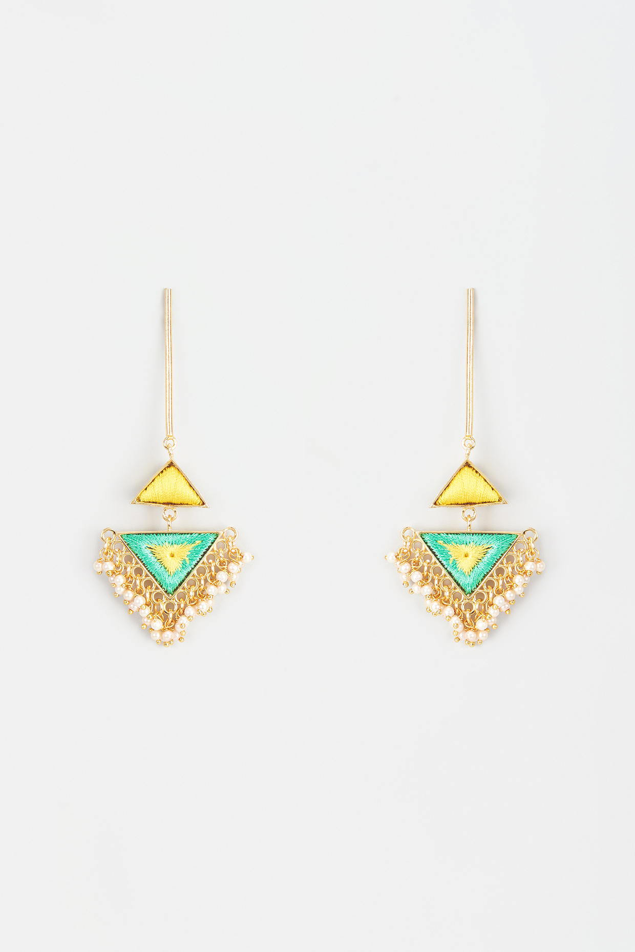 Gold Finish Embroidered Triangle Dangler Earrings by Bauble Bazaar at Pernia's Pop Up Shop