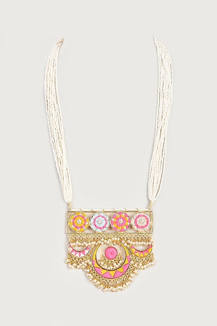 Gold Finish Embroidered Long Pendant Necklace by Bauble Bazaar at Pernia's Pop Up Shop