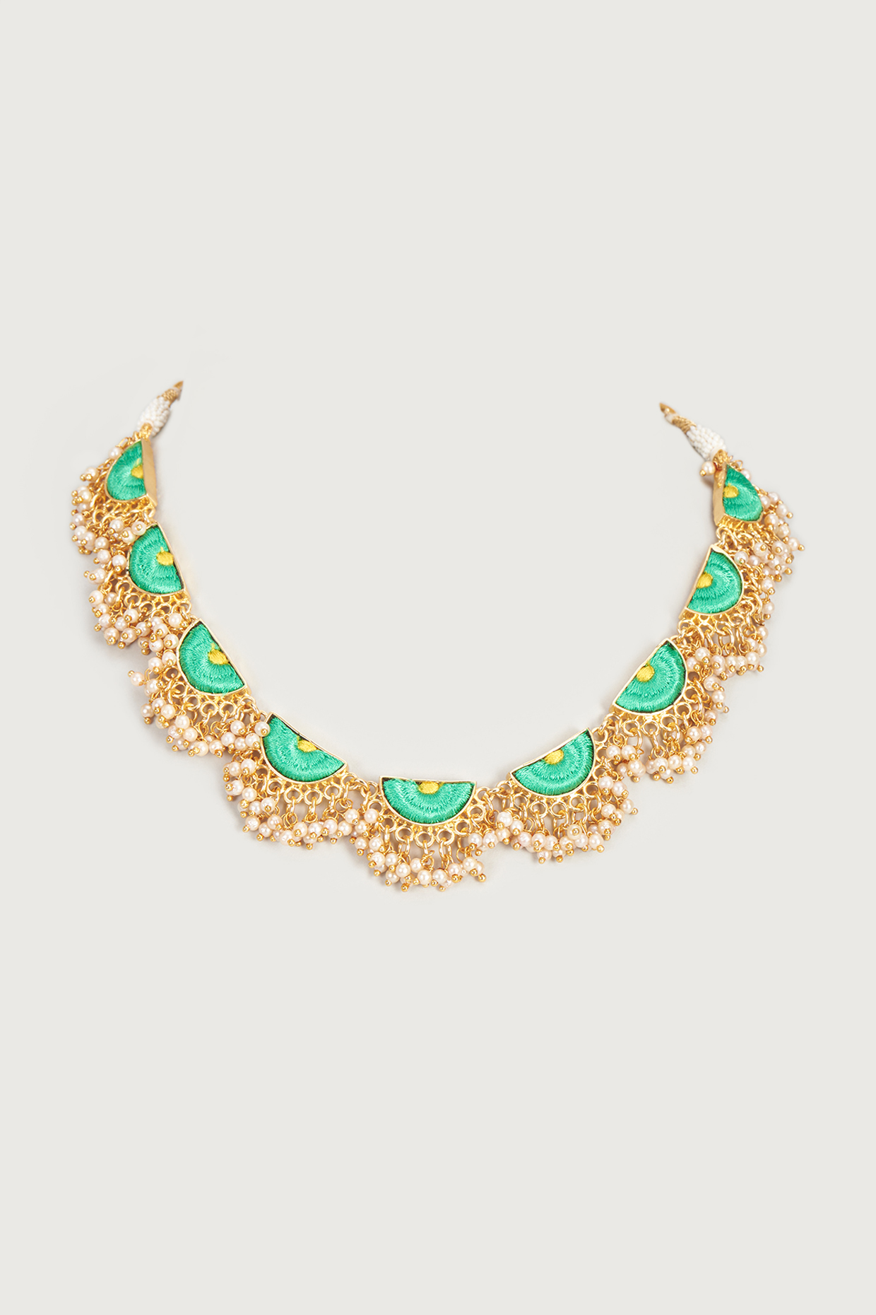 Gold Finish Embroidered Semi-Circular Layered Necklace by Bauble Bazaar at Pernia's Pop Up Shop