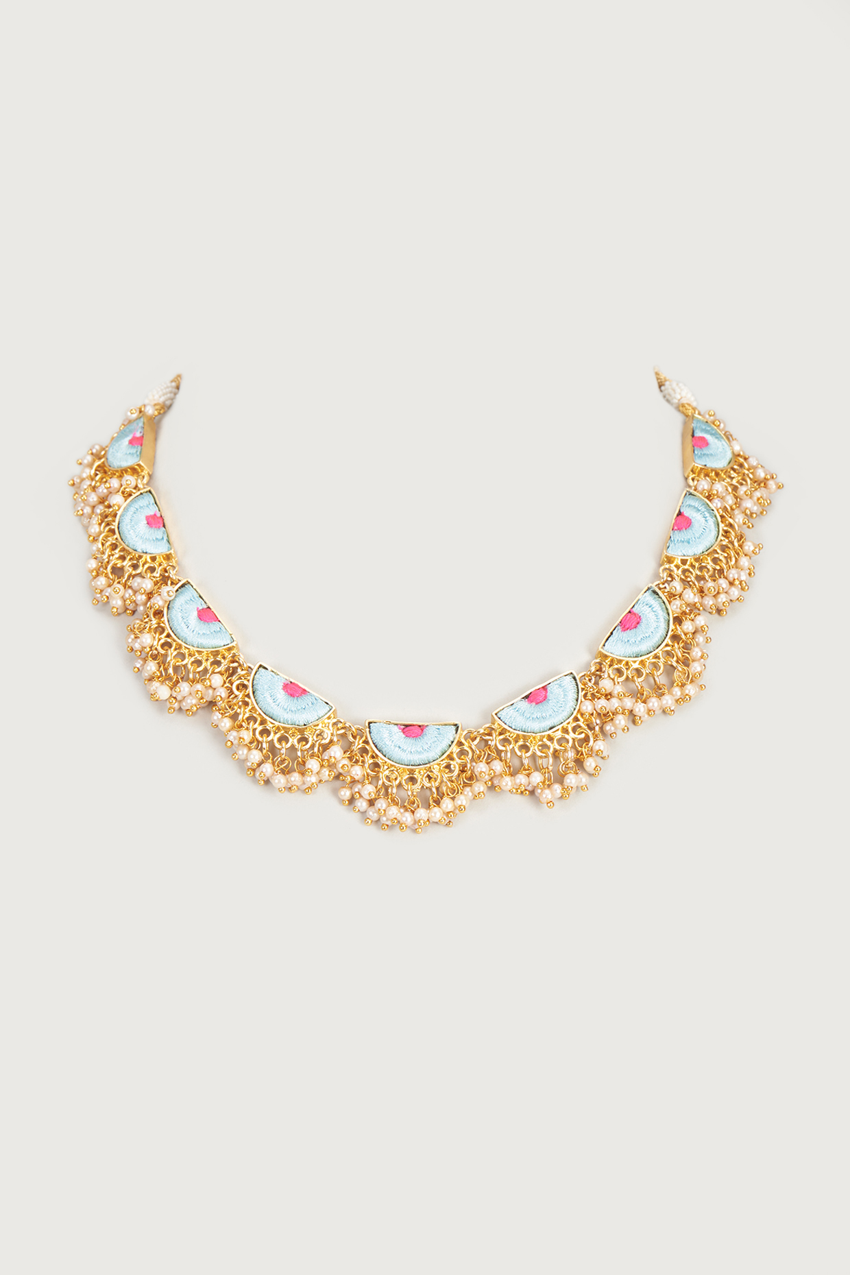 Gold Finish Embroidered Semi-Circular Layered Necklace by Bauble Bazaar at Pernia's Pop Up Shop