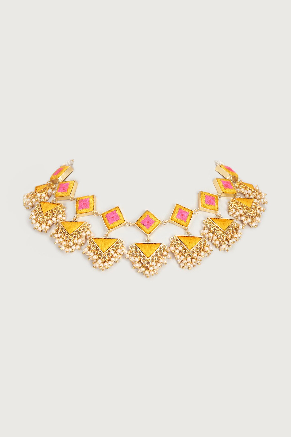 Gold Finish Embroidered Double Layered Square Necklace by Bauble Bazaar at Pernia's Pop Up Shop