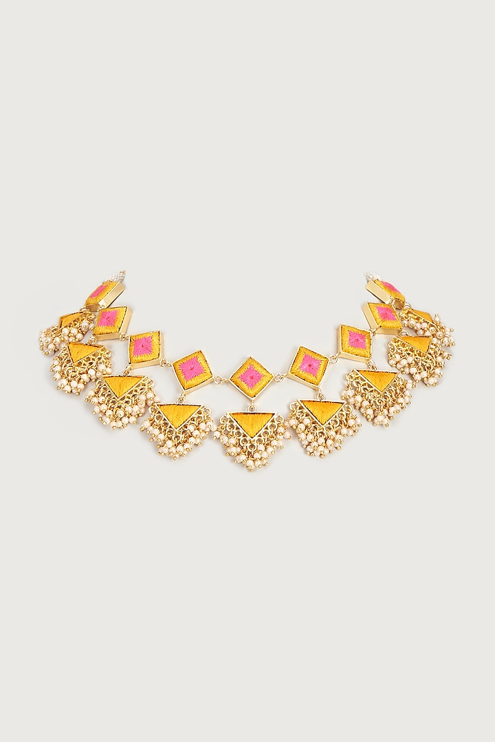 Gold Finish Embroidered Double Layered Square Necklace by Bauble Bazaar at Pernia's Pop Up Shop