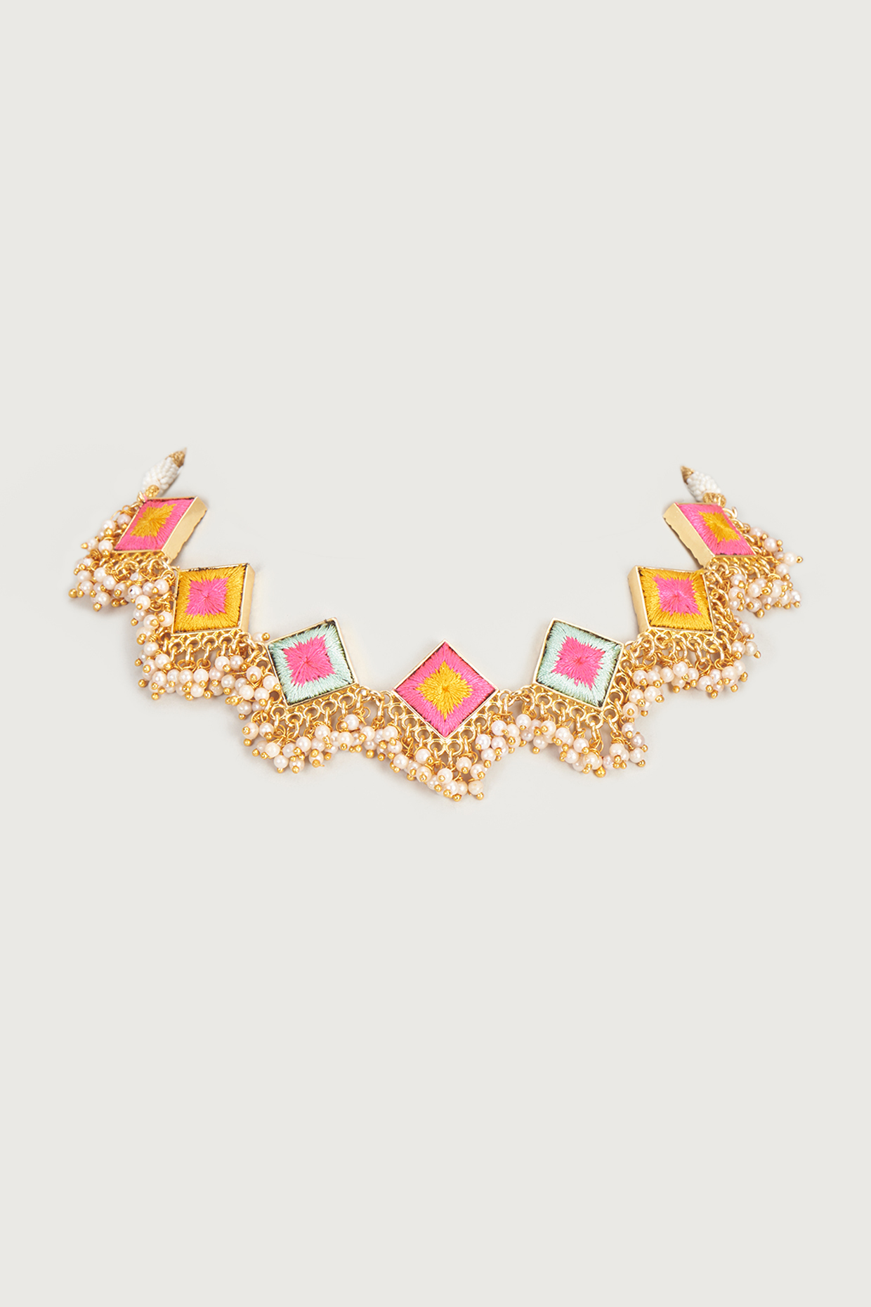Gold Finish Embroidered Double Layered Square Necklace by Bauble Bazaar at Pernia's Pop Up Shop