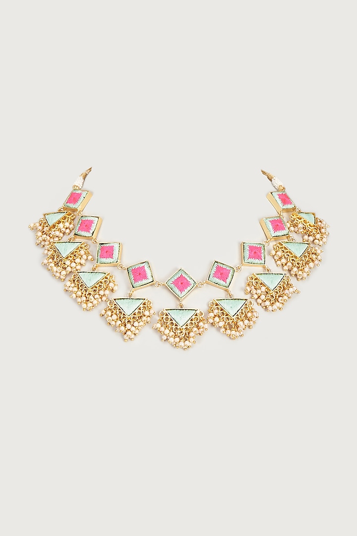 Gold Finish Embroidered Double Layered Square Necklace by Bauble Bazaar at Pernia's Pop Up Shop