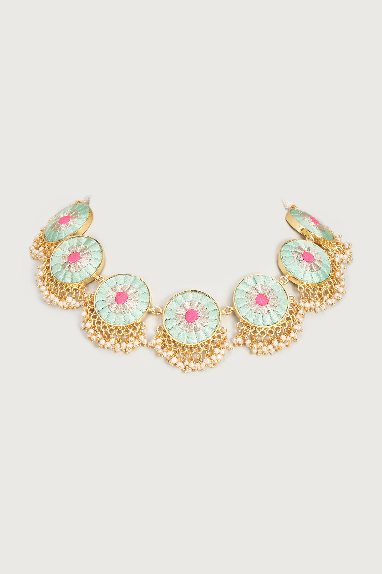 Gold Finish Embroidered Single Layered Circular Necklace by Bauble Bazaar at Pernia's Pop Up Shop