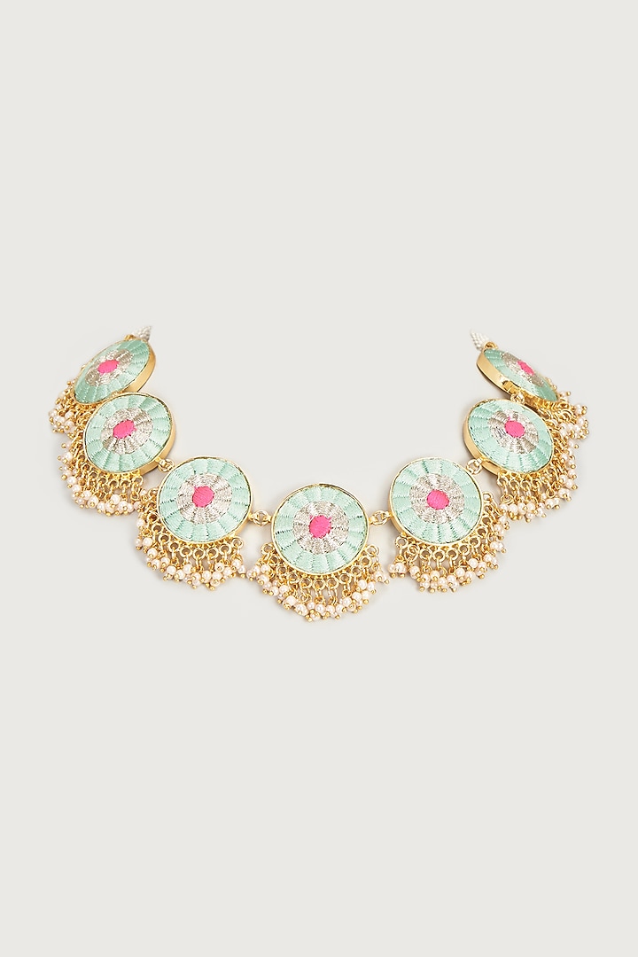 Gold Finish Embroidered Single Layered Circular Necklace by Bauble Bazaar at Pernia's Pop Up Shop