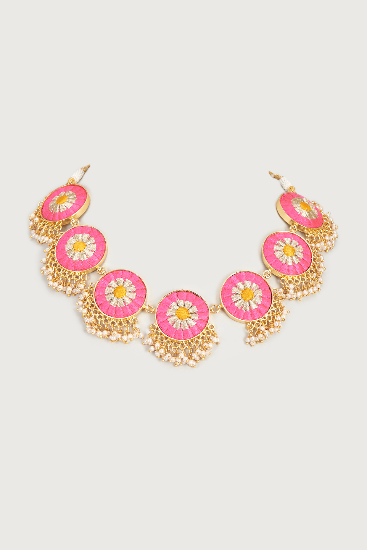Gold Finish Embroidered Single Layered Circular Necklace by Bauble Bazaar at Pernia's Pop Up Shop