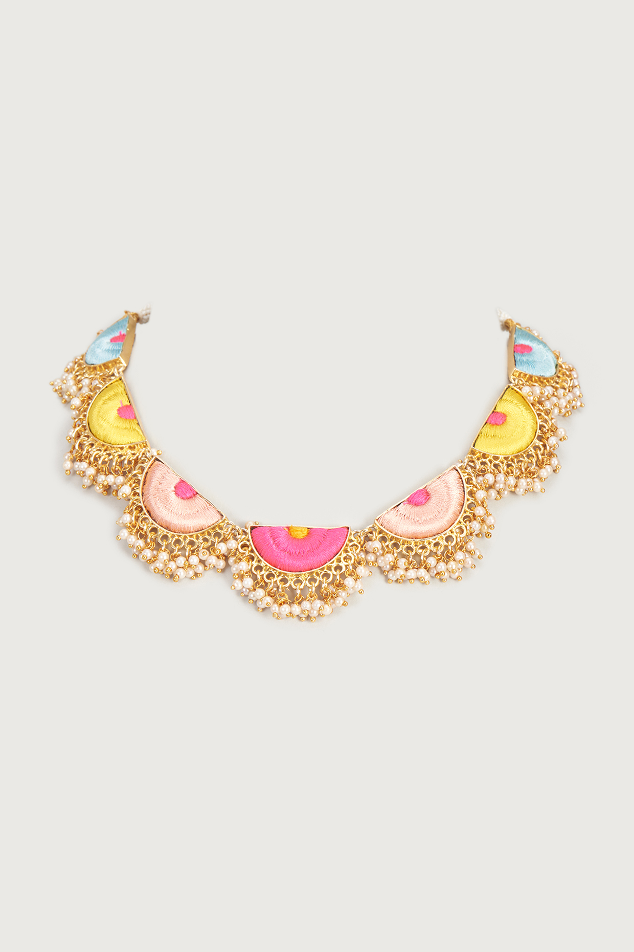 Gold Finish Embroidered Single Layered Semi-Circular Necklace by Bauble Bazaar at Pernia's Pop Up Shop