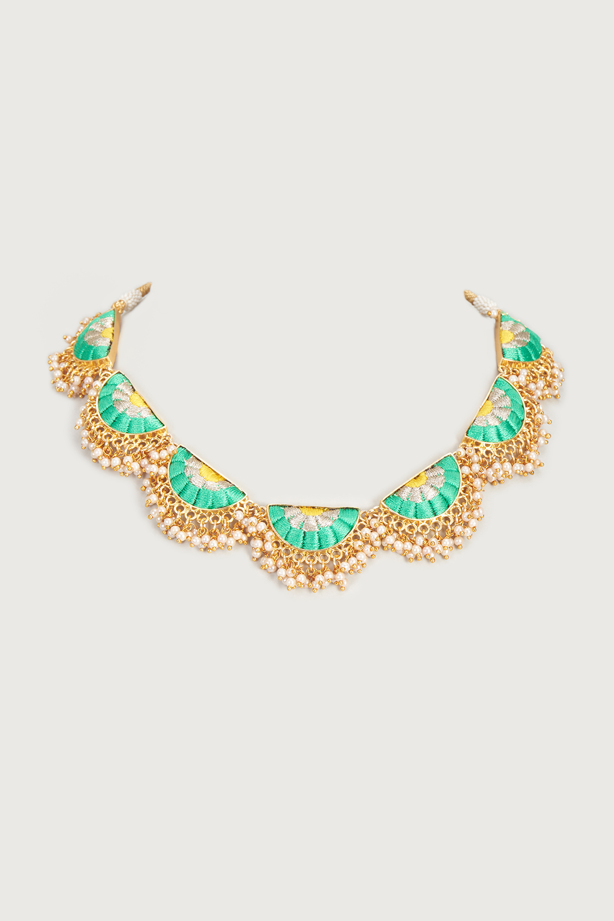 Gold Finish Embroidered Single Layered Semi-Circular Necklace by Bauble Bazaar at Pernia's Pop Up Shop