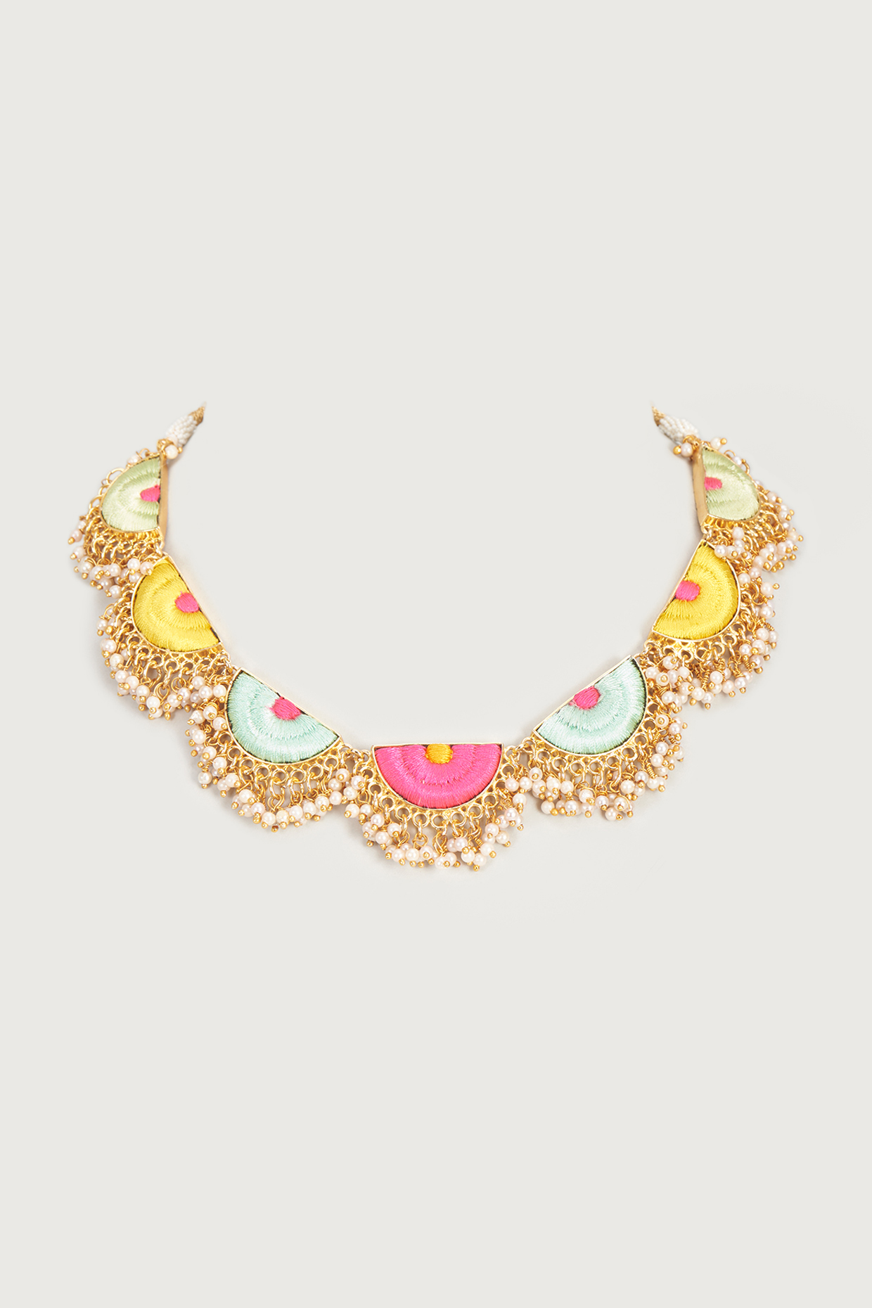 Gold Finish Embroidered Single Layered Semi-Circular Necklace by Bauble Bazaar at Pernia's Pop Up Shop