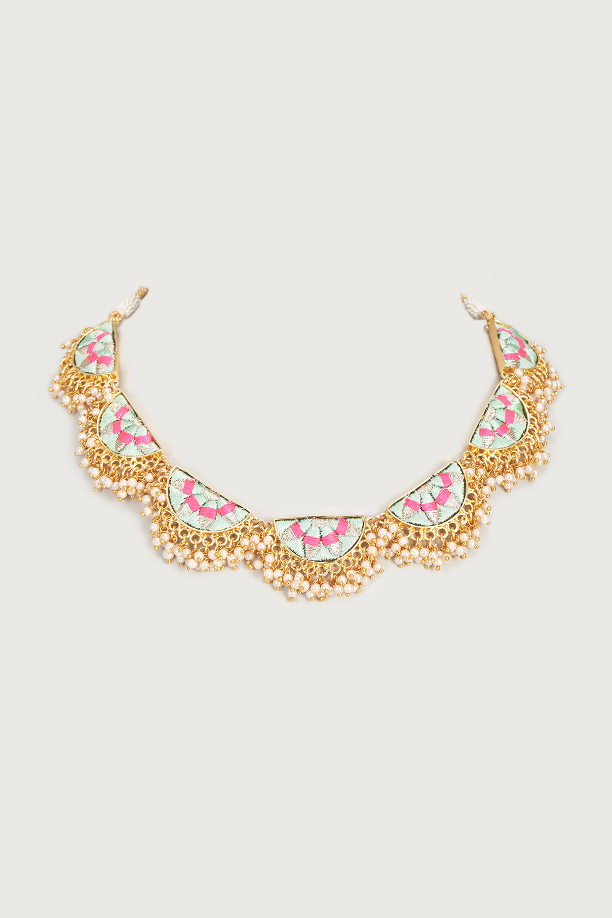 Gold Finish Embroidered Single Layered Semi-Circular Necklace by Bauble Bazaar at Pernia's Pop Up Shop