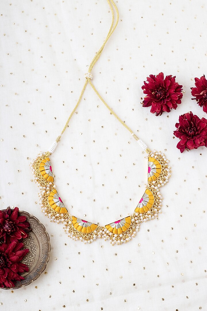 Matte Gold Finish Mustard Yellow & Pink Zari Silk Embroidered Layered Necklace by Bauble Bazaar at Pernia's Pop Up Shop