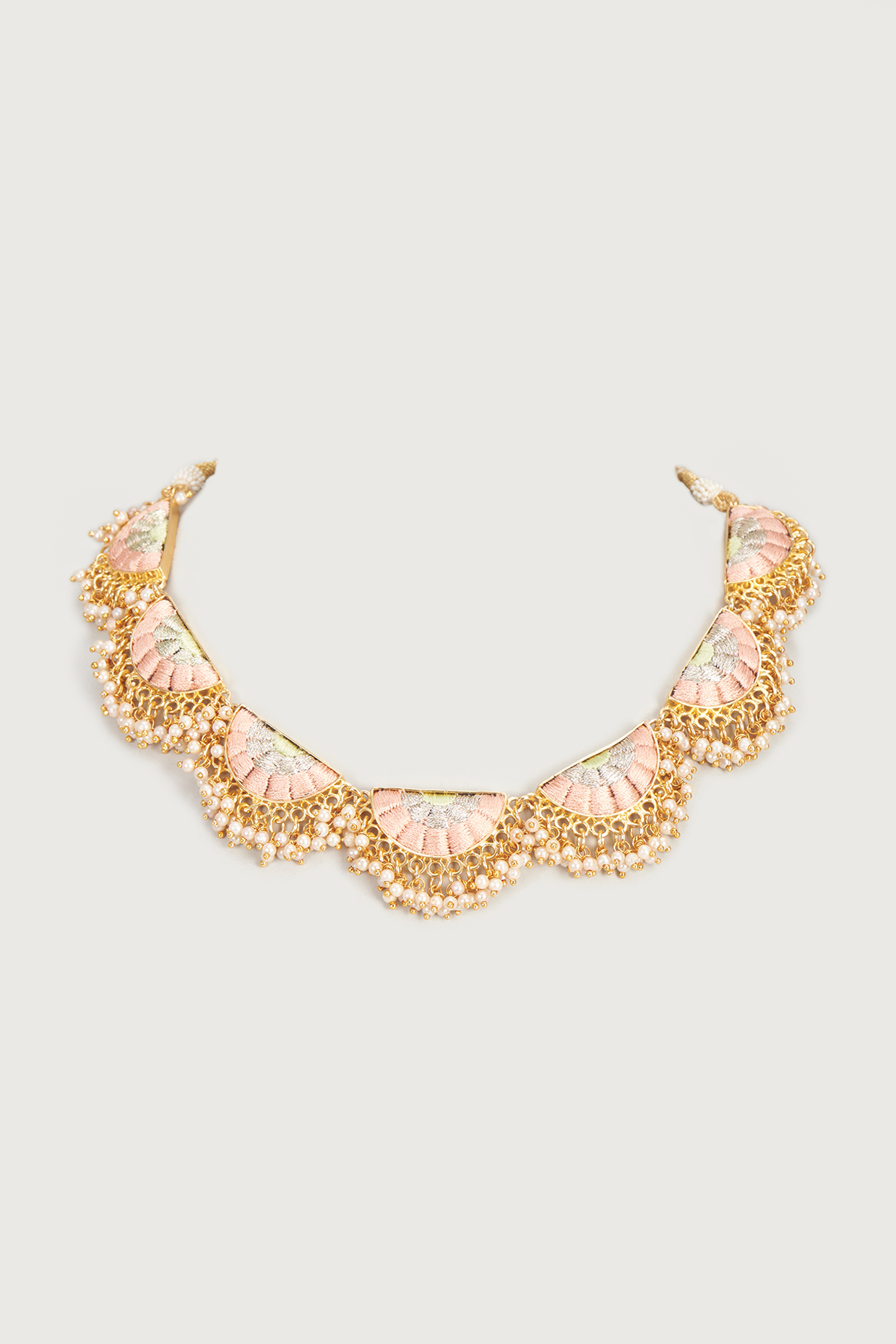 Gold Finish Embroidered Single Layered Semi-Circular Necklace by Bauble Bazaar at Pernia's Pop Up Shop