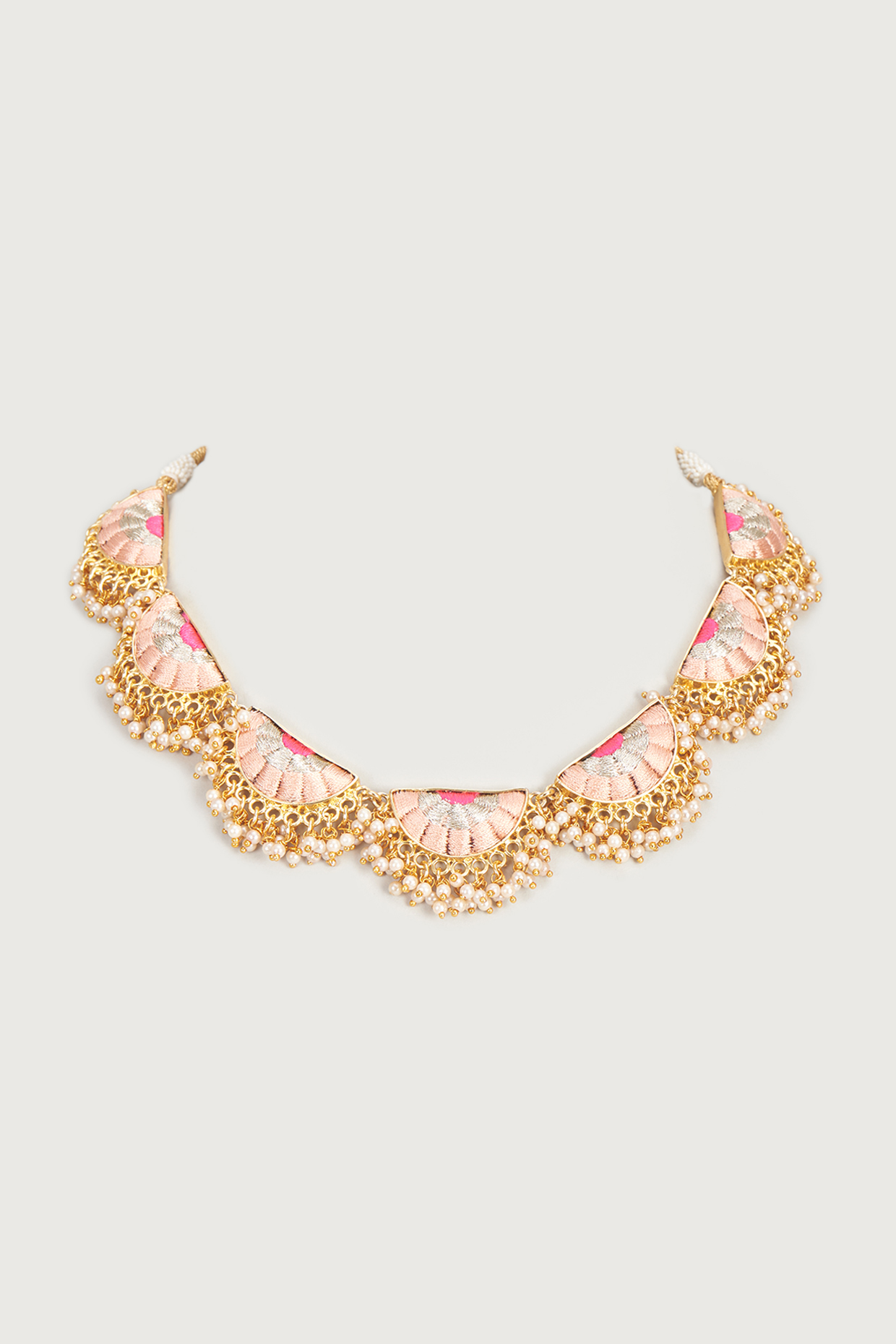 Gold Finish Embroidered Single Layered Semi-Circular Necklace by Bauble Bazaar at Pernia's Pop Up Shop