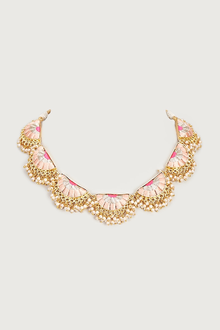 Gold Finish Embroidered Single Layered Semi-Circular Necklace by Bauble Bazaar at Pernia's Pop Up Shop