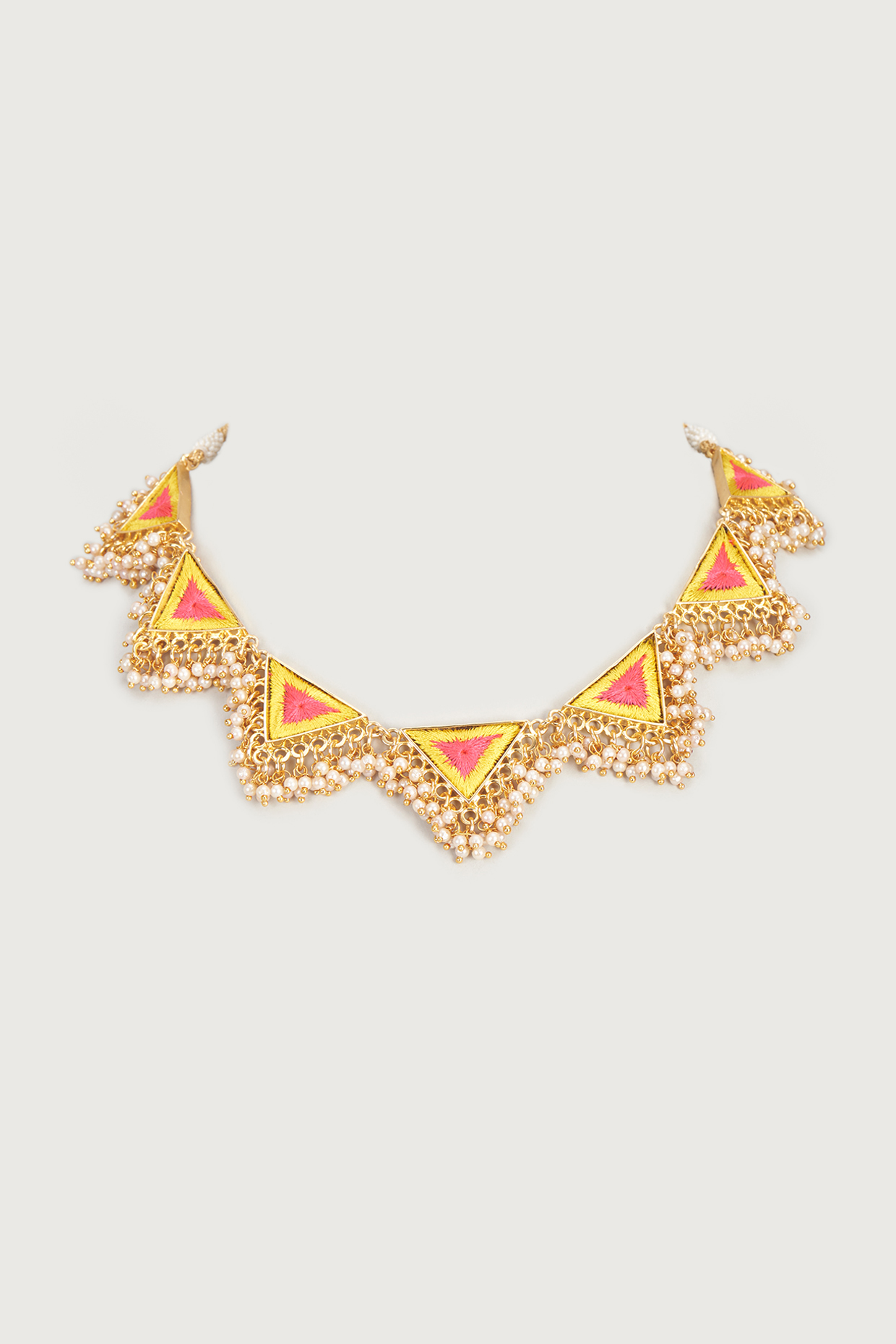 Gold Finish Embroidered Single Layered Triangle Necklace by Bauble Bazaar at Pernia's Pop Up Shop