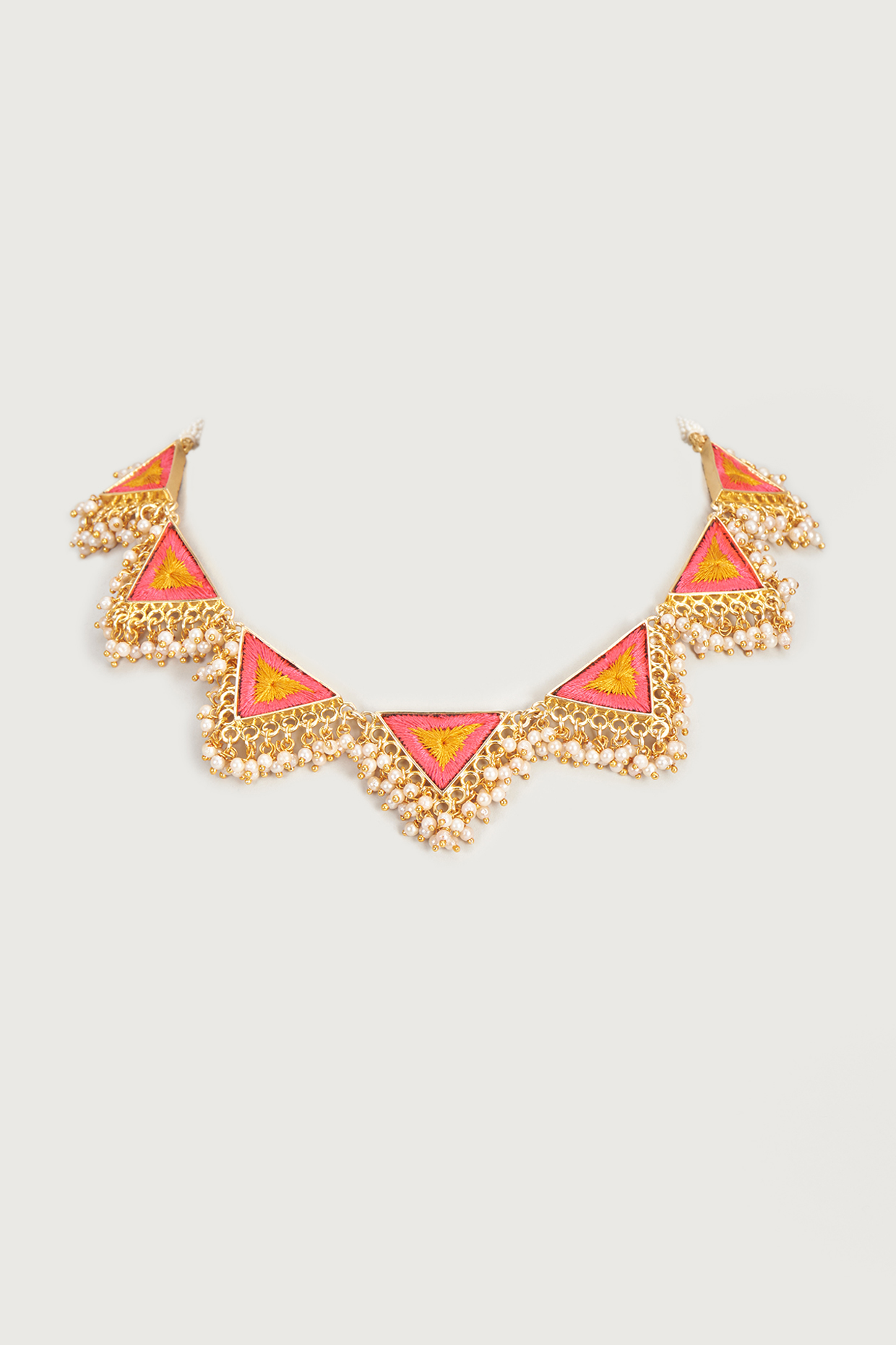 Gold Finish Embroidered Single Layered Triangle Necklace by Bauble Bazaar at Pernia's Pop Up Shop
