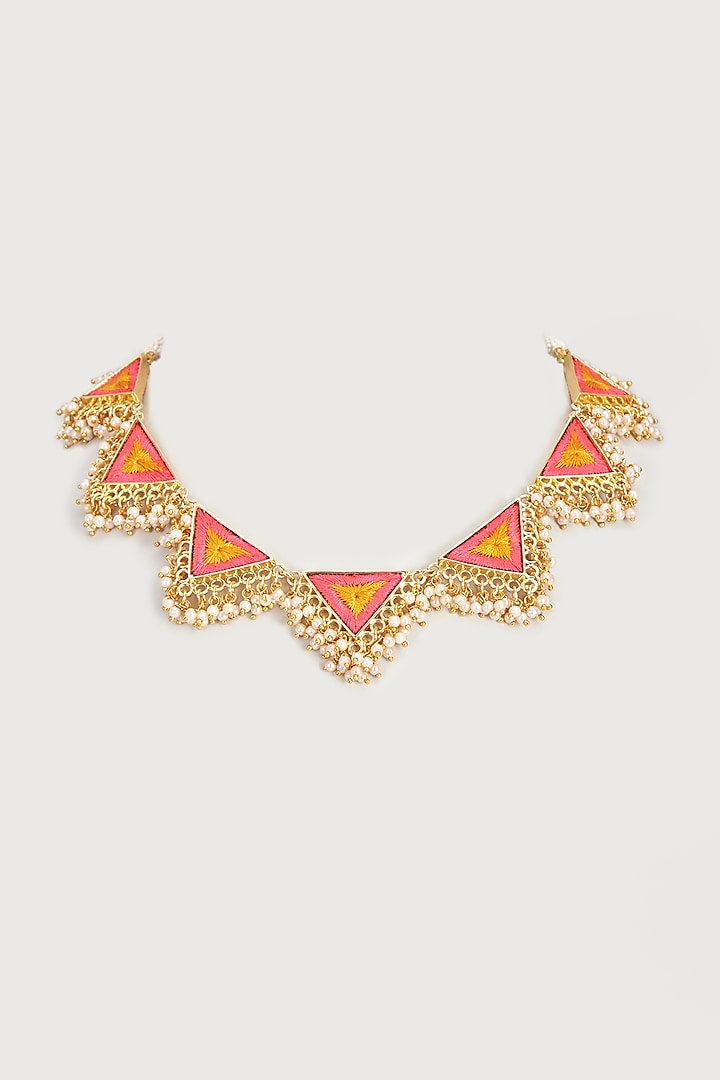 Gold Finish Embroidered Single Layered Triangle Necklace by Bauble Bazaar at Pernia's Pop Up Shop