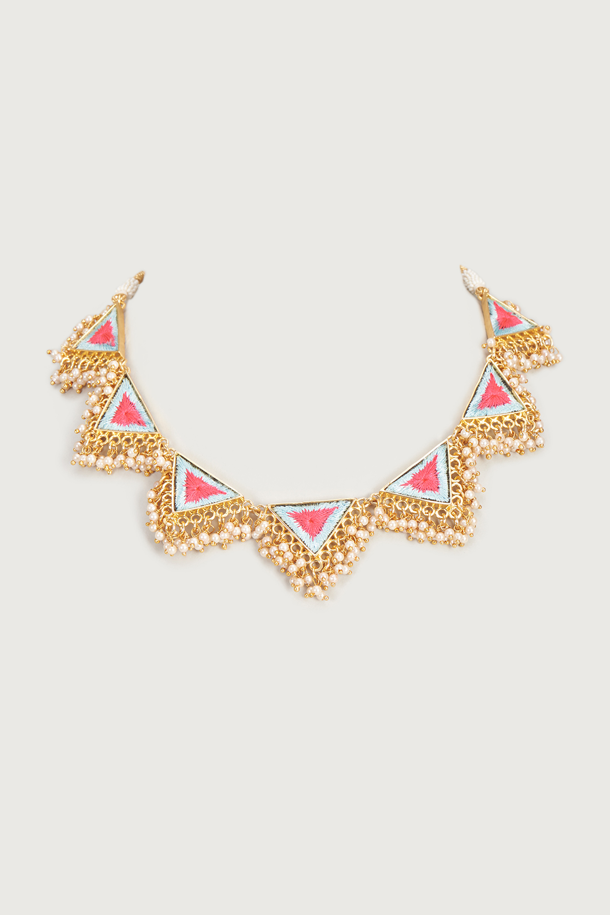 Gold Finish Embroidered Single Layered Triangle Necklace by Bauble Bazaar at Pernia's Pop Up Shop