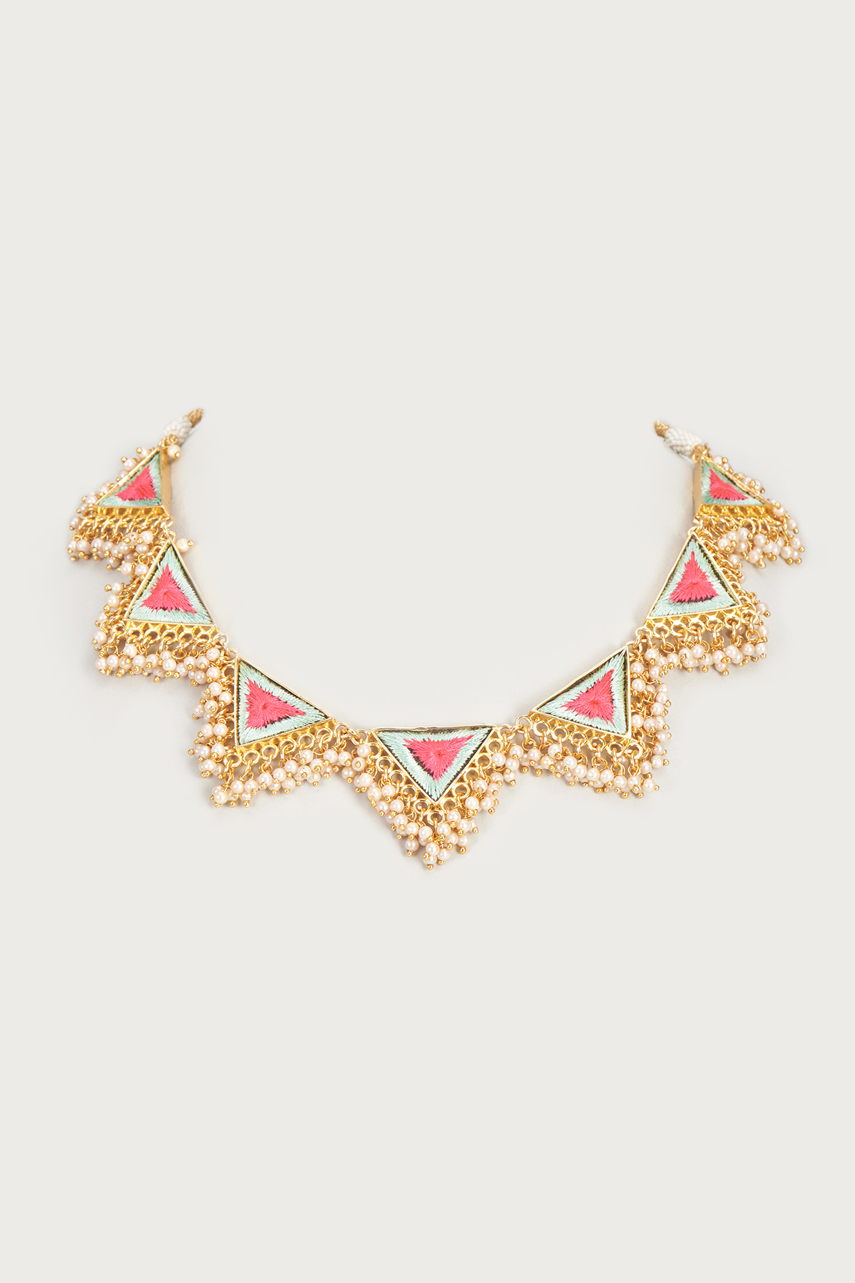 Gold Finish Embroidered Single Layered Triangle Necklace by Bauble Bazaar at Pernia's Pop Up Shop