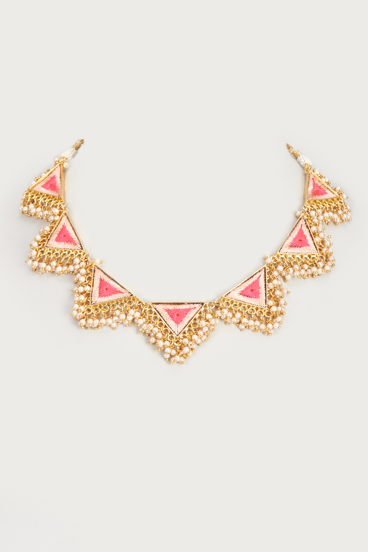 Gold Finish Embroidered Single Layered Triangle Necklace by Bauble Bazaar at Pernia's Pop Up Shop