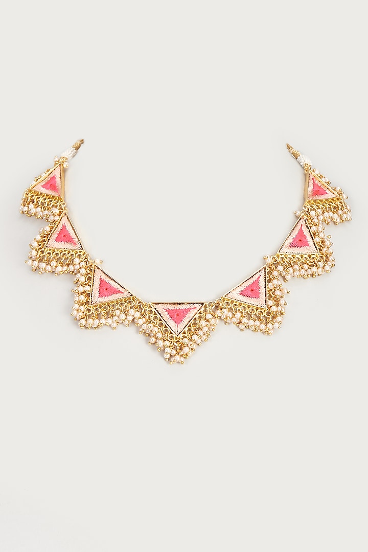Gold Finish Embroidered Single Layered Triangle Necklace by Bauble Bazaar at Pernia's Pop Up Shop