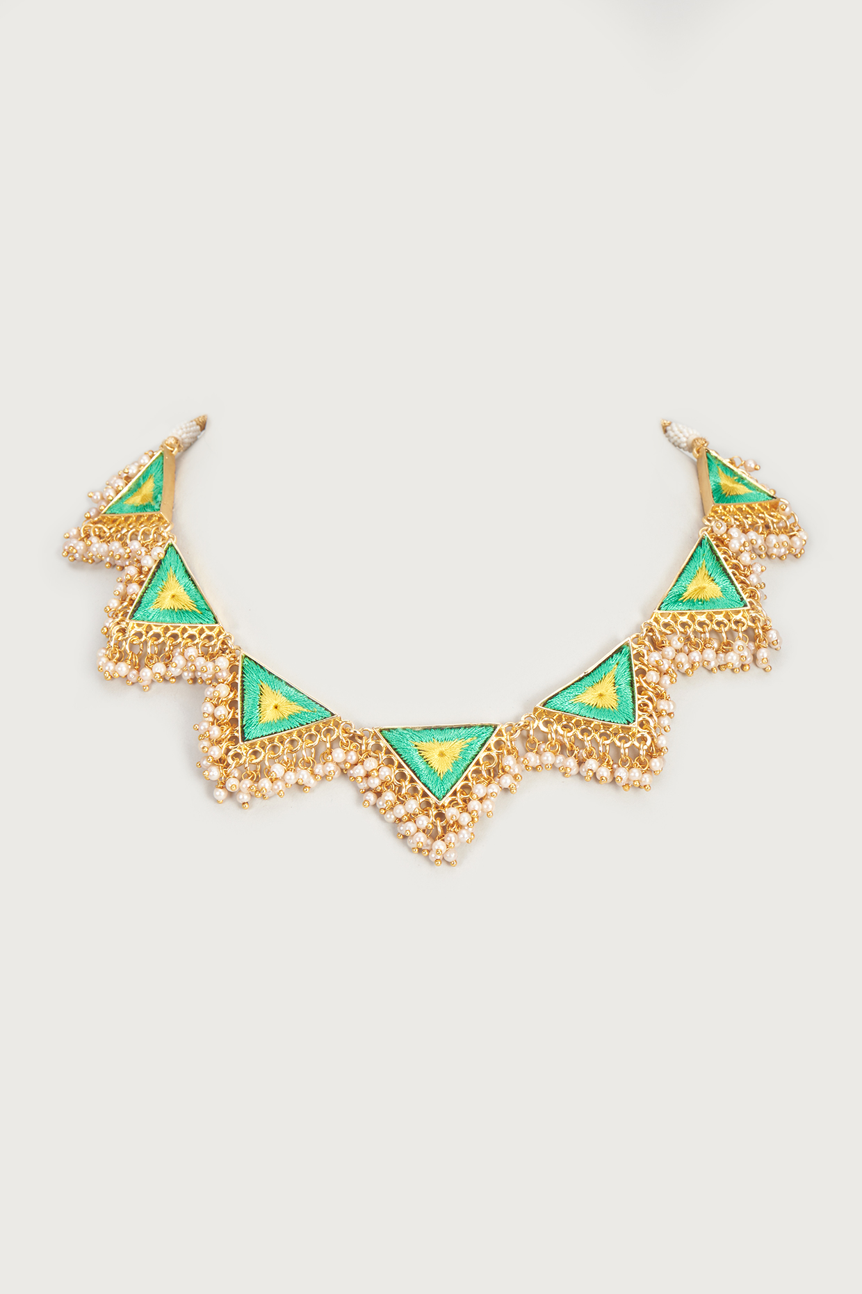 Gold Finish Embroidered Single Layered Triangle Necklace by Bauble Bazaar at Pernia's Pop Up Shop