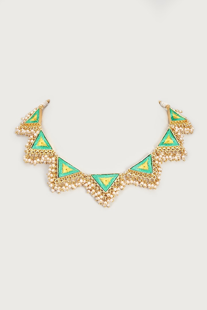 Gold Finish Embroidered Single Layered Triangle Necklace by Bauble Bazaar at Pernia's Pop Up Shop