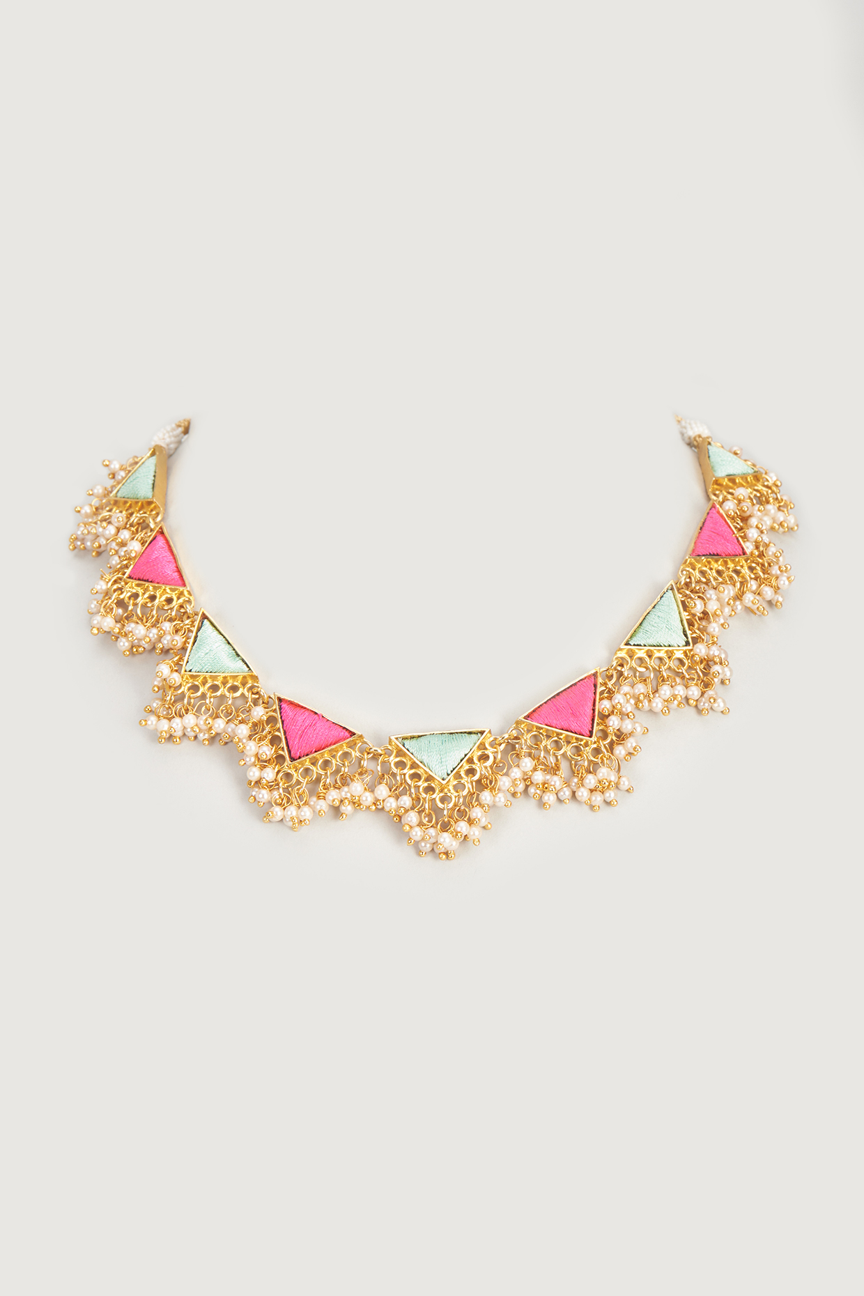 Gold Finish Embroidered Single Layered Triangle Necklace by Bauble Bazaar at Pernia's Pop Up Shop