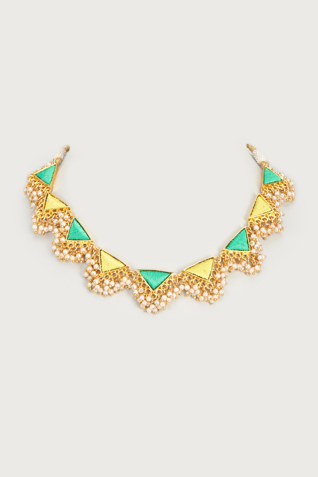Gold Finish Embroidered Single Layered Triangle Necklace by Bauble Bazaar at Pernia's Pop Up Shop