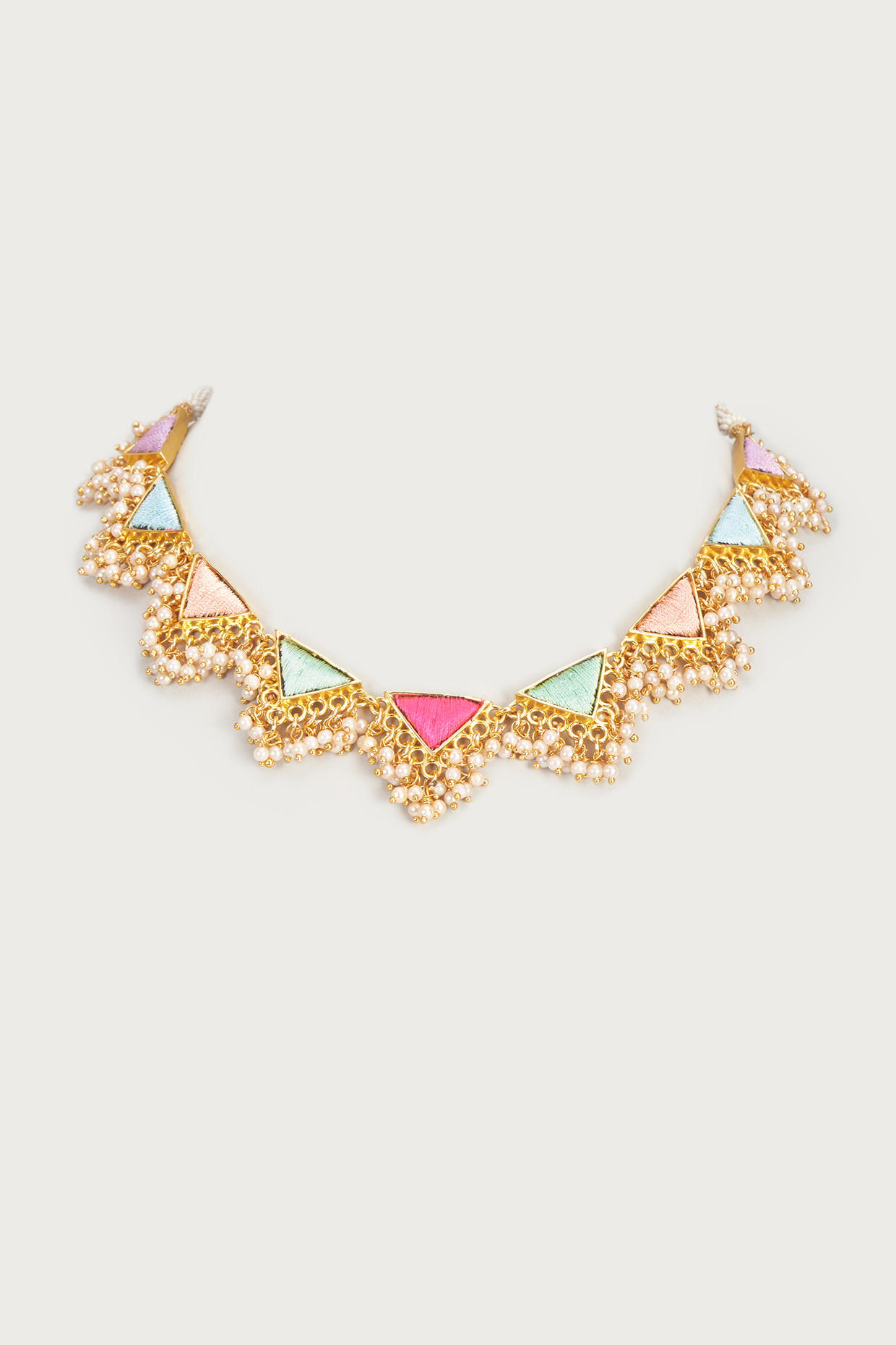 Gold Finish Embroidered Single Layered Triangle Necklace by Bauble Bazaar at Pernia's Pop Up Shop