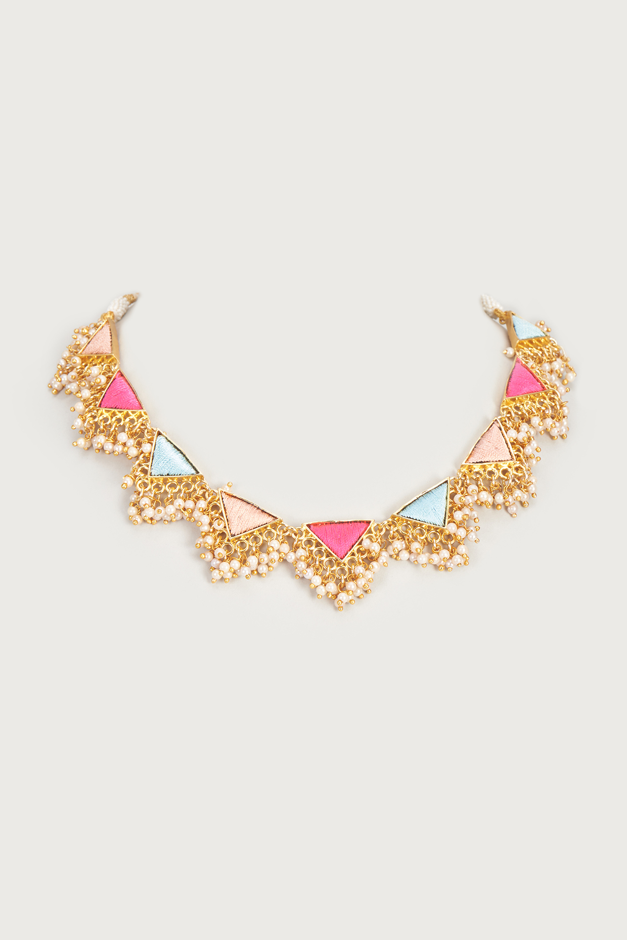 Gold Finish Embroidered Single Layered Triangle Necklace by Bauble Bazaar at Pernia's Pop Up Shop