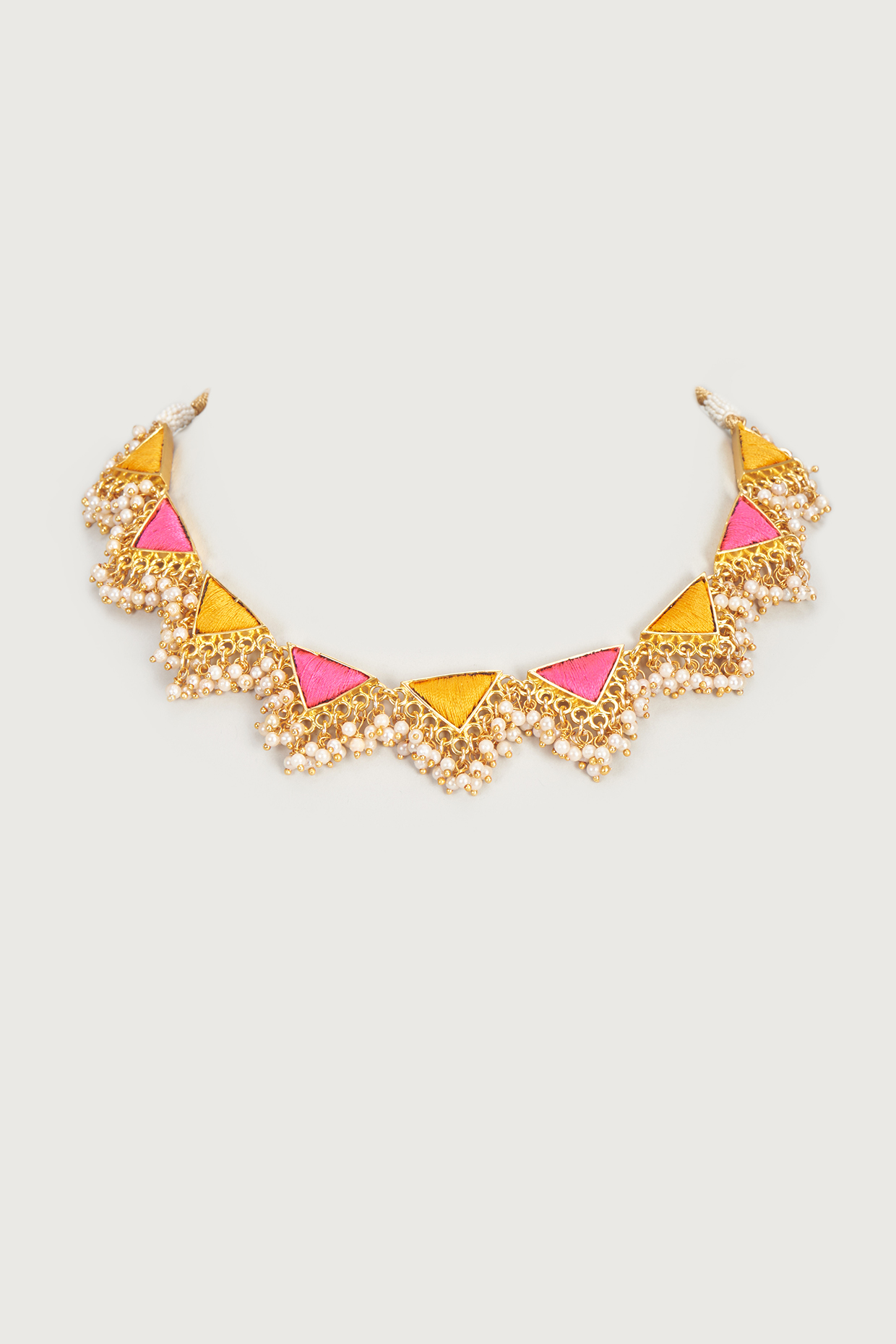 Gold Finish Embroidered Single Layered Triangle Necklace by Bauble Bazaar at Pernia's Pop Up Shop