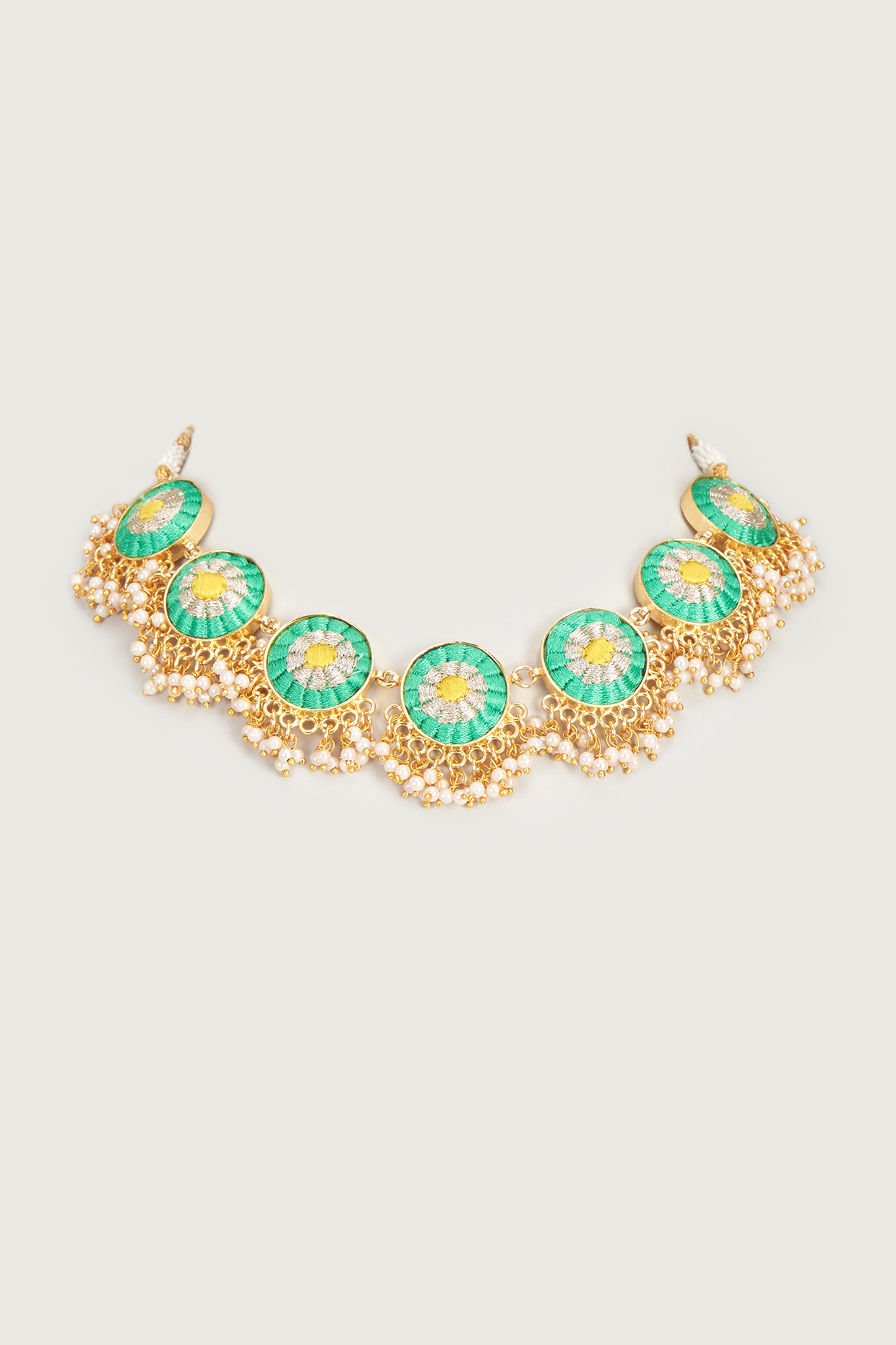 Gold Finish Embroidered Single Layered Circular Necklace by Bauble Bazaar at Pernia's Pop Up Shop