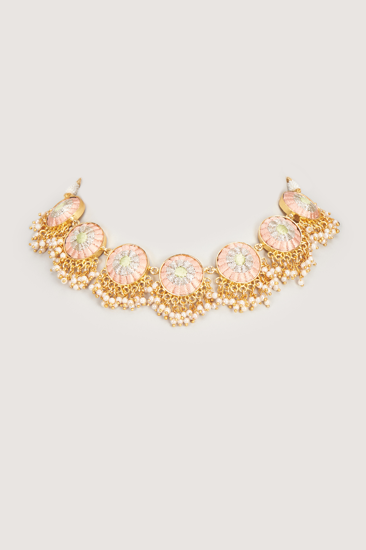 Gold Finish Embroidered Single Layered Circular Necklace by Bauble Bazaar at Pernia's Pop Up Shop