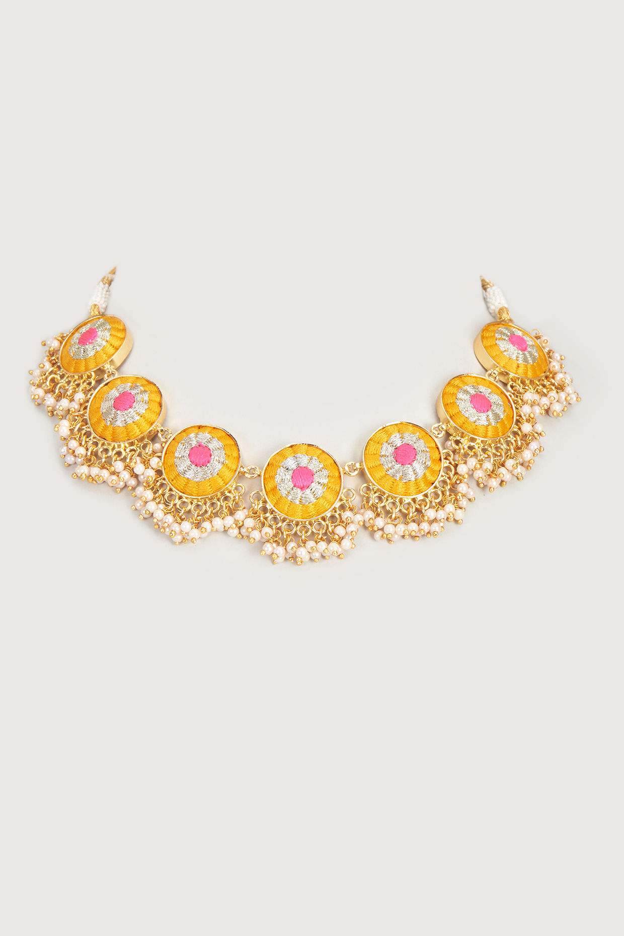 Gold Finish Embroidered Single Layered Circular Necklace by Bauble Bazaar at Pernia's Pop Up Shop