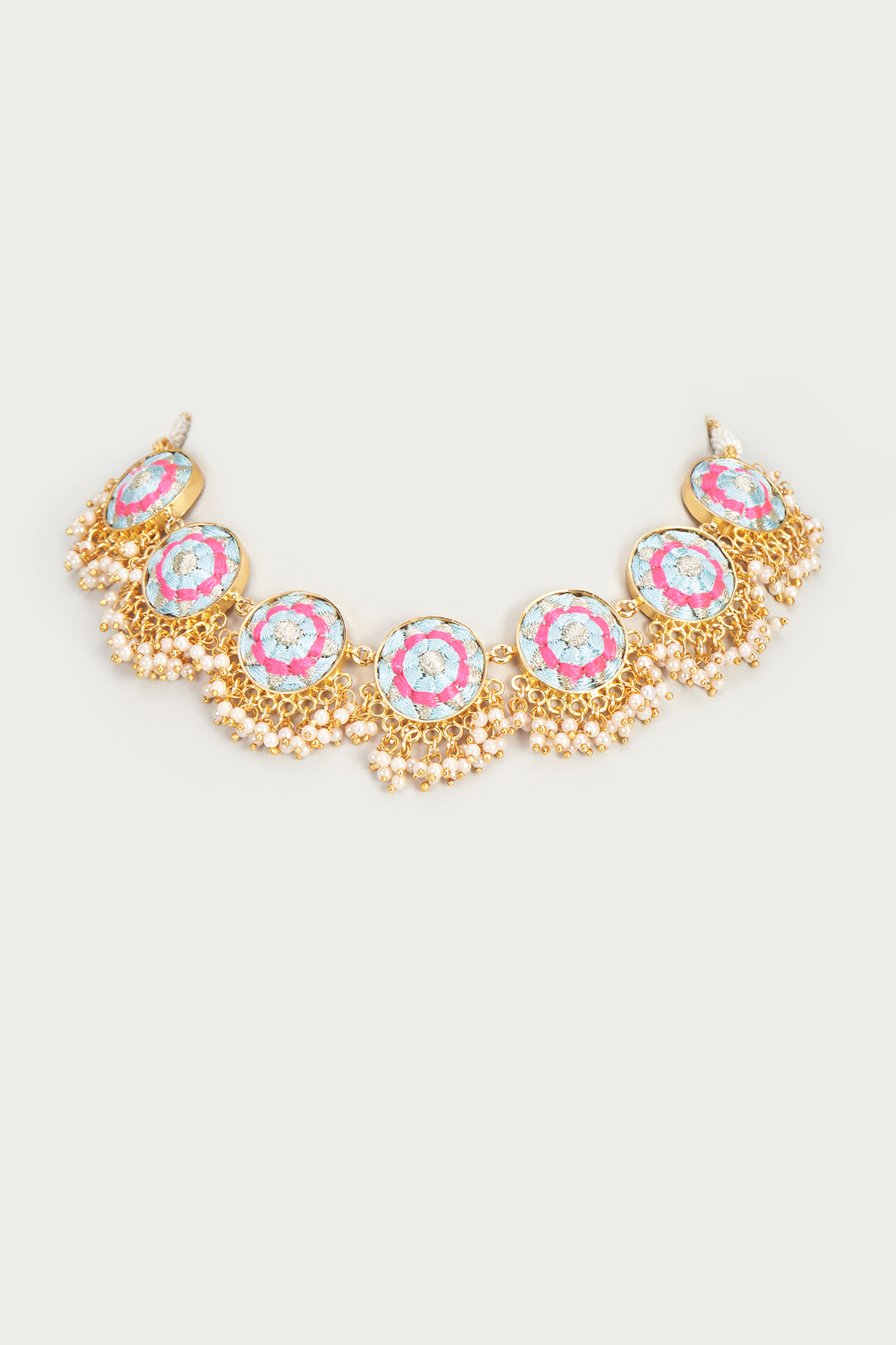 Gold Finish Embroidered Single Layered Circular Necklace by Bauble Bazaar at Pernia's Pop Up Shop