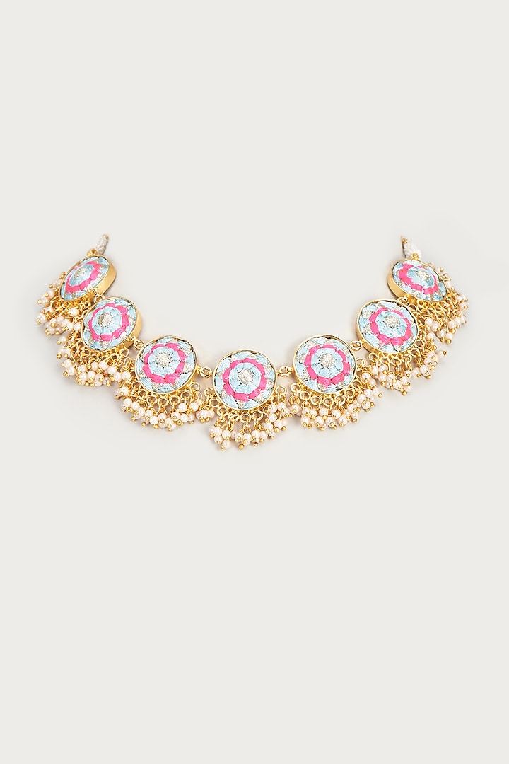 Gold Finish Embroidered Single Layered Circular Necklace by Bauble Bazaar at Pernia's Pop Up Shop
