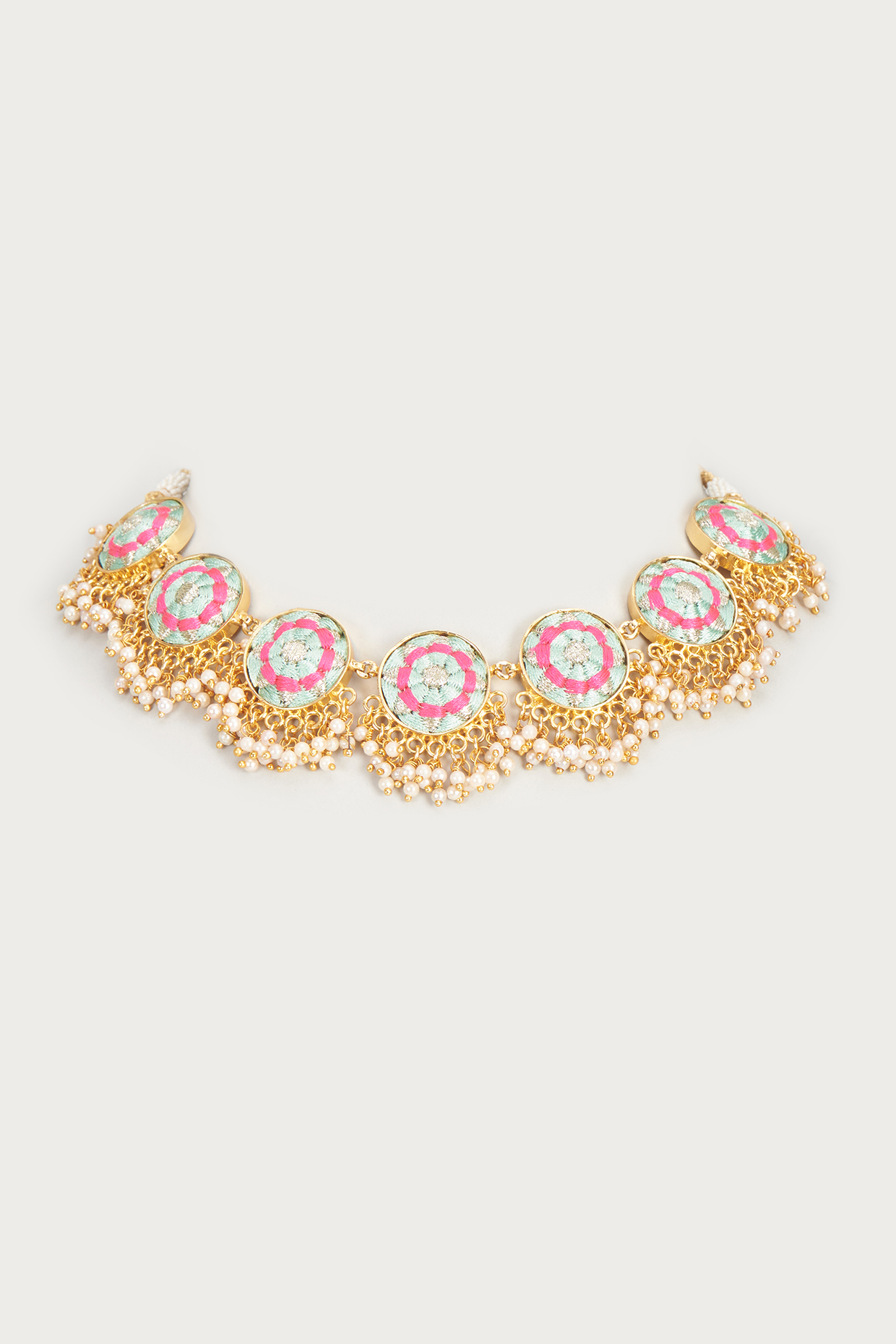 Gold Finish Embroidered Single Layered Circular Necklace by Bauble Bazaar at Pernia's Pop Up Shop