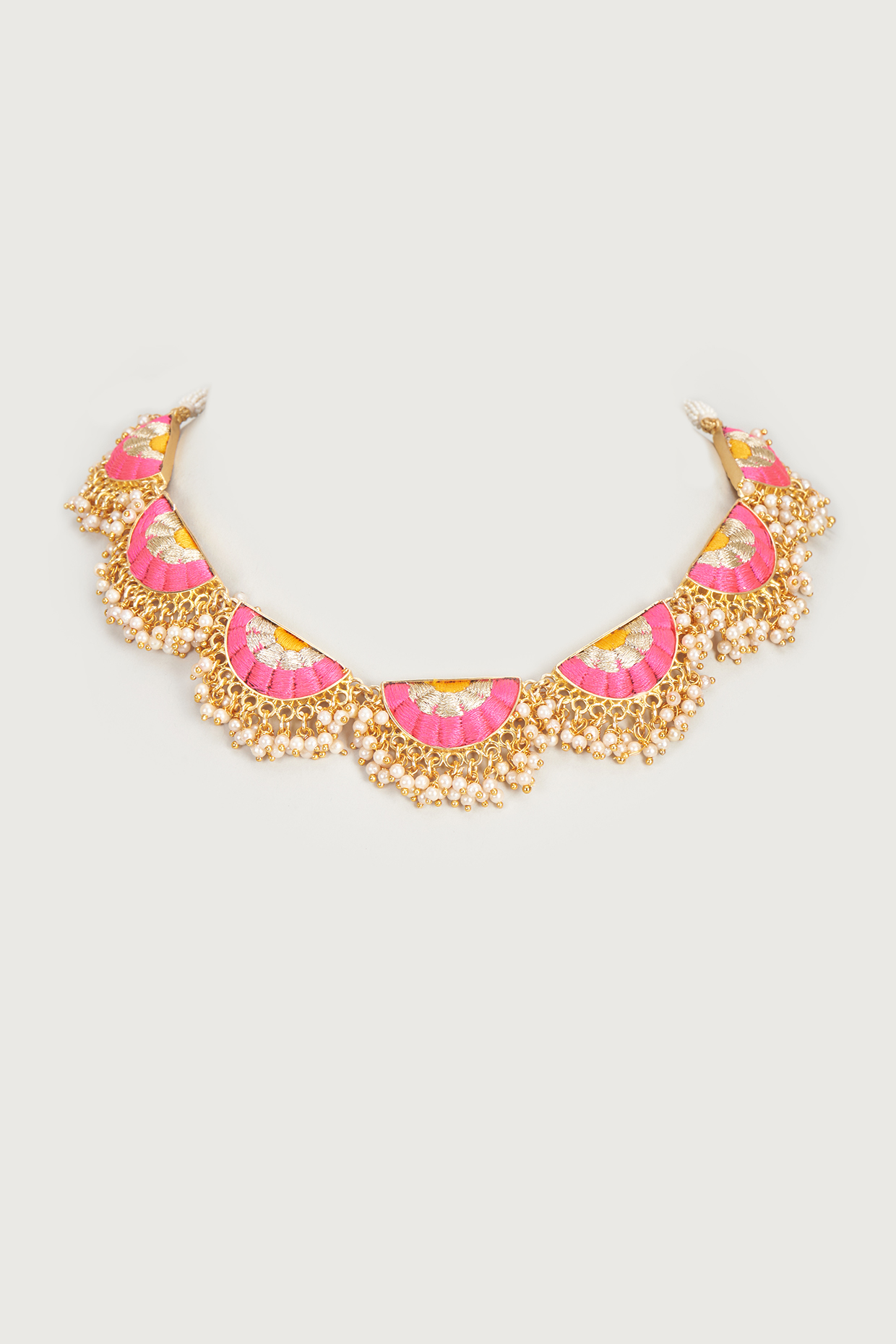 Gold Finish Embroidered Single Layered Semi-Circular Necklace by Bauble Bazaar at Pernia's Pop Up Shop
