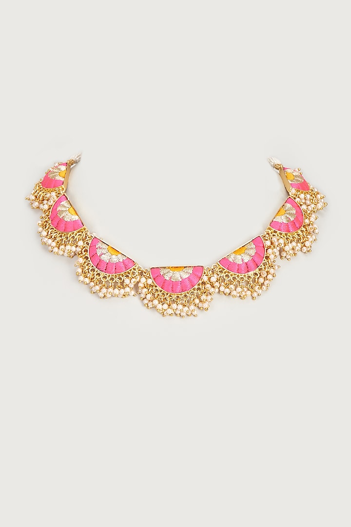 Gold Finish Embroidered Single Layered Semi-Circular Necklace by Bauble Bazaar at Pernia's Pop Up Shop
