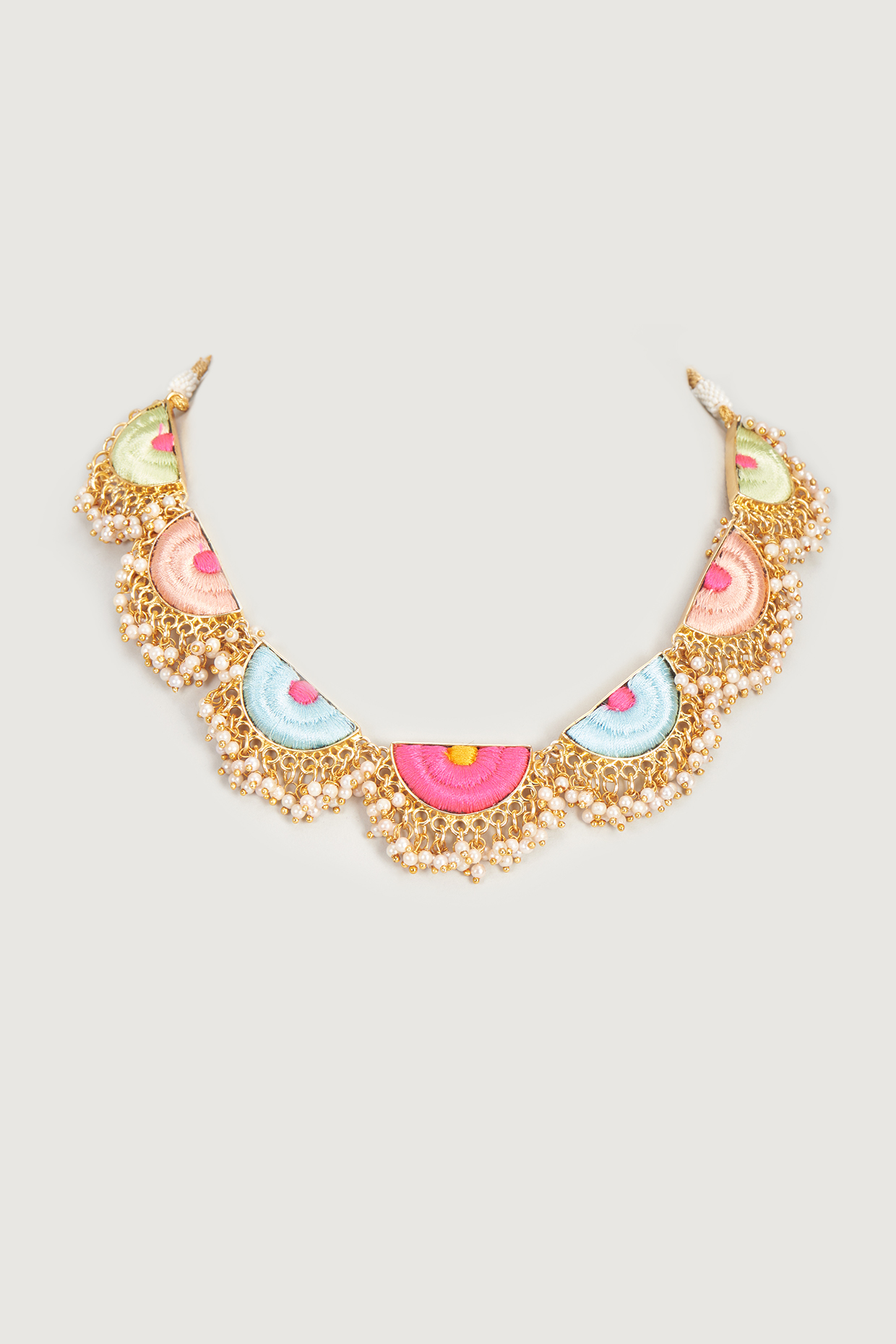 Gold Finish Embroidered Single Layered Semi-Circular Necklace by Bauble Bazaar at Pernia's Pop Up Shop