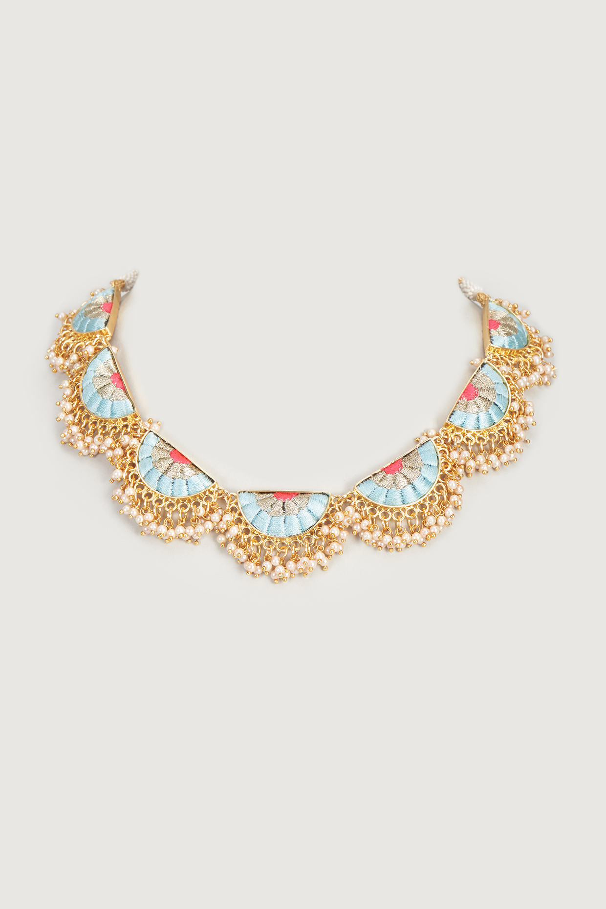 Gold Finish Embroidered Single Layered Semi-Circular Necklace by Bauble Bazaar at Pernia's Pop Up Shop