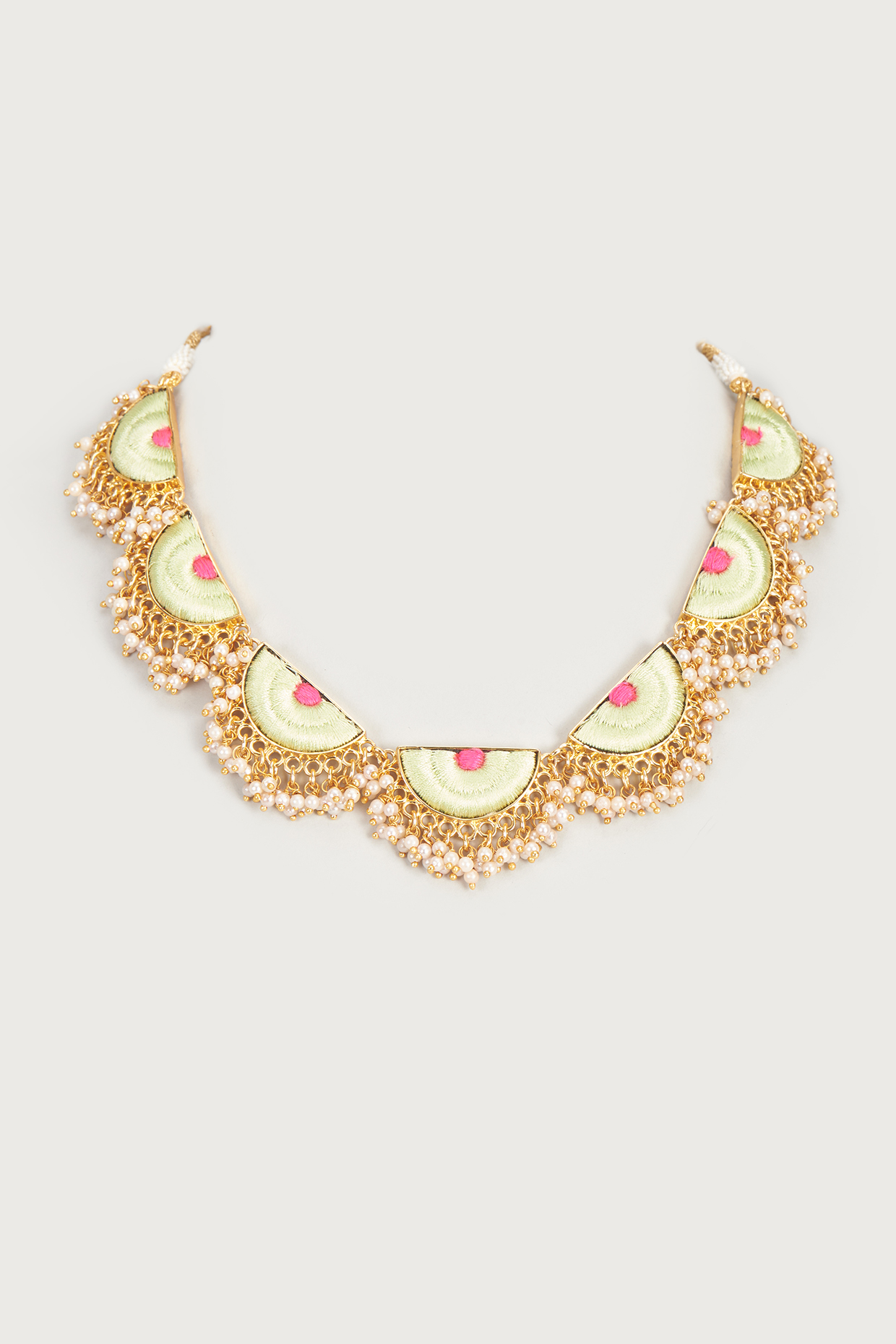 Gold Finish Embroidered Single Layered Semi-Circular Necklace by Bauble Bazaar at Pernia's Pop Up Shop