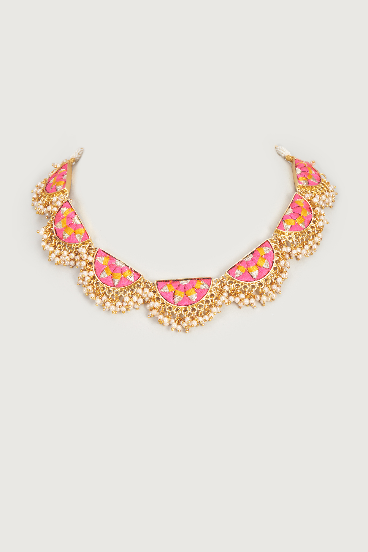 Gold Finish Embroidered Single Layered Semi-Circular Necklace by Bauble Bazaar at Pernia's Pop Up Shop