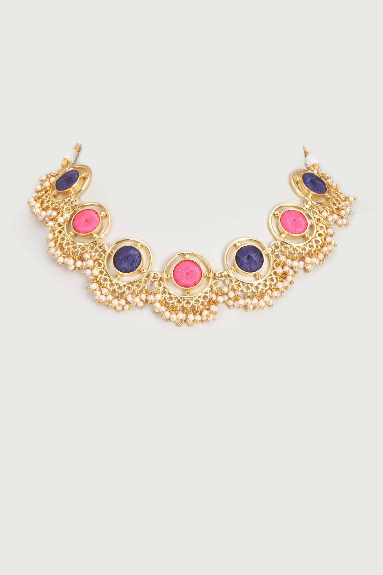 Gold Finish Embroidered Single Layered Circular Necklace by Bauble Bazaar at Pernia's Pop Up Shop