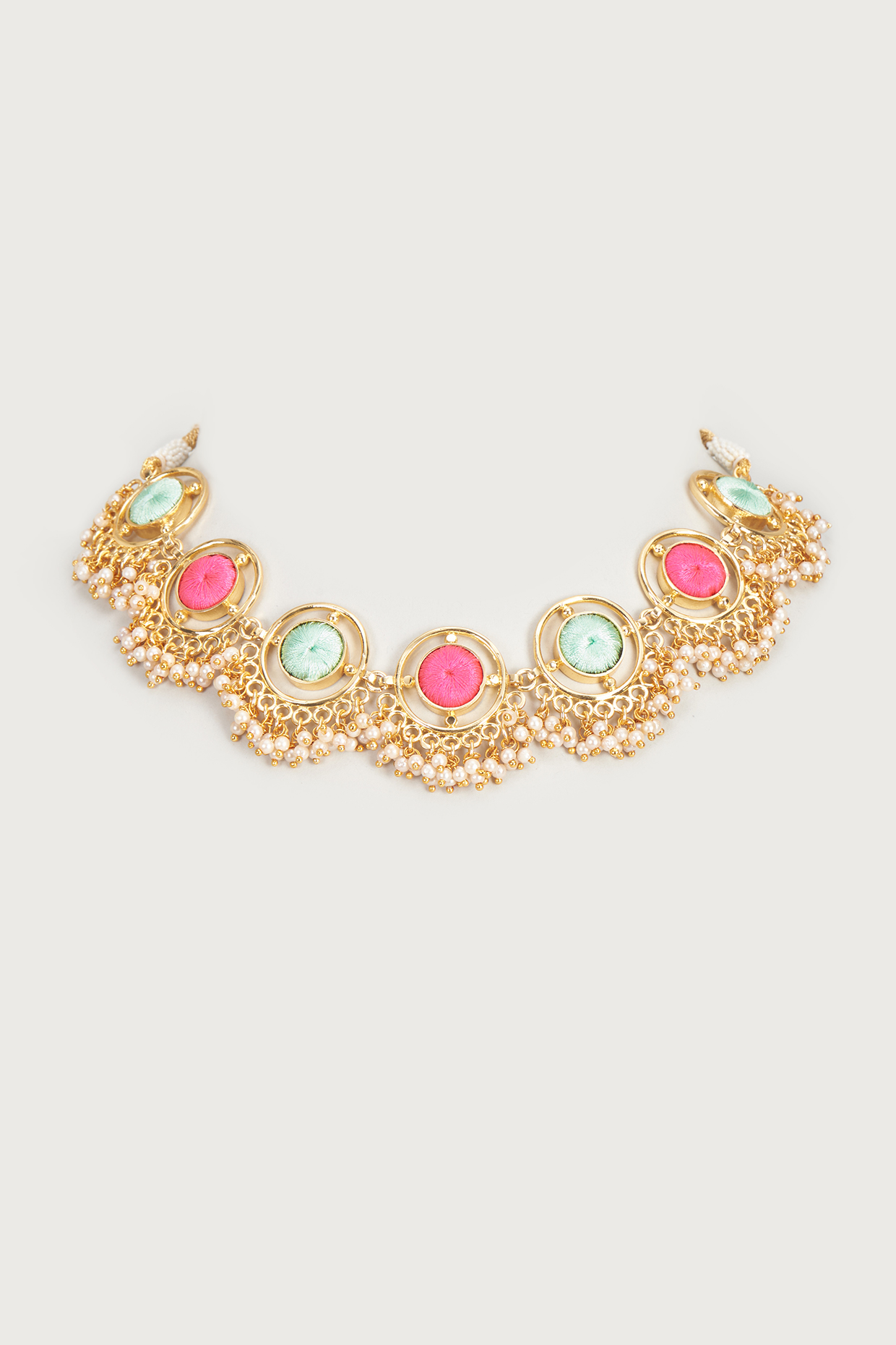 Gold Finish Embroidered Single Layered Circular Necklace by Bauble Bazaar at Pernia's Pop Up Shop